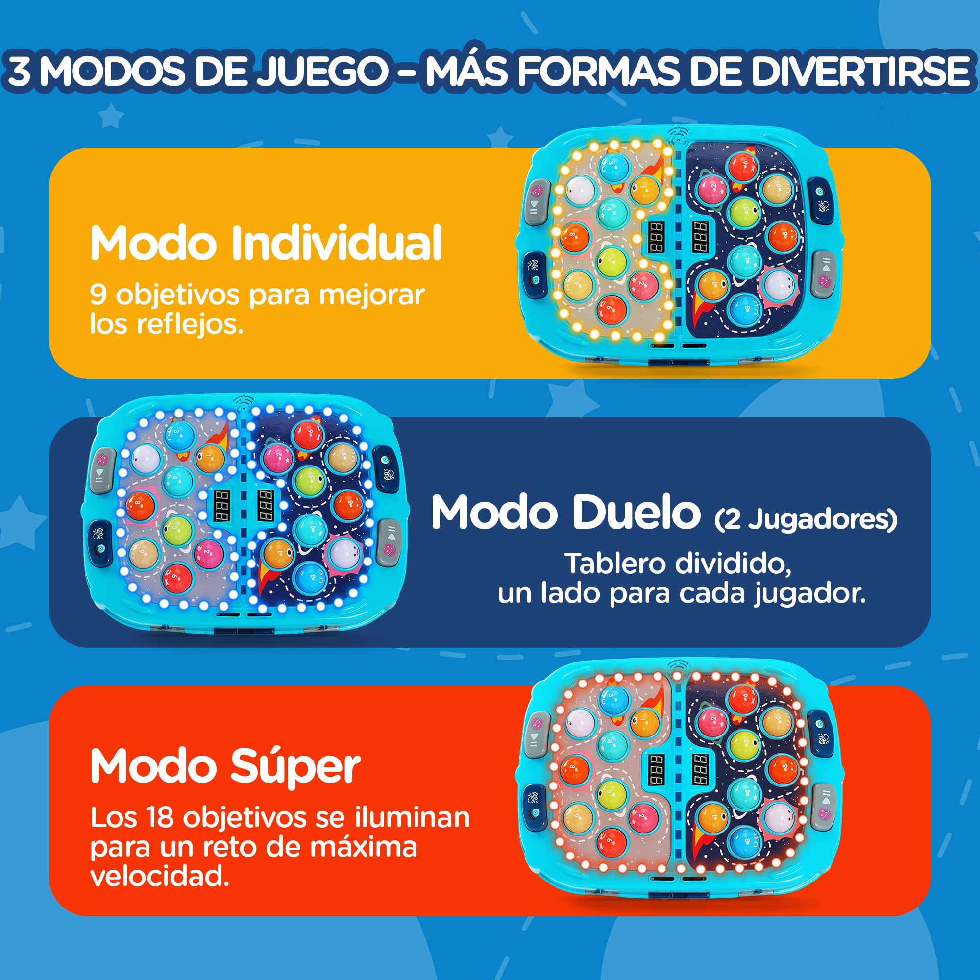 Whack-a-Mole Game for Kids, Juego de Golpear Topos con 18 Objetivos Luminosos, 2 Martillos, 3 Modos, 9 Niveles, Luces y Sonido, Juguete para Niños +3 Años