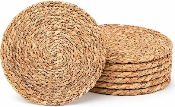Round Rattan Woven Placemats, 6Pcs 12IN Natural Hand-Woven Water Hyacinth Placemats, Farmhouse Weave Place Mats for Dining Table, Home Party, Wedding Decorate
