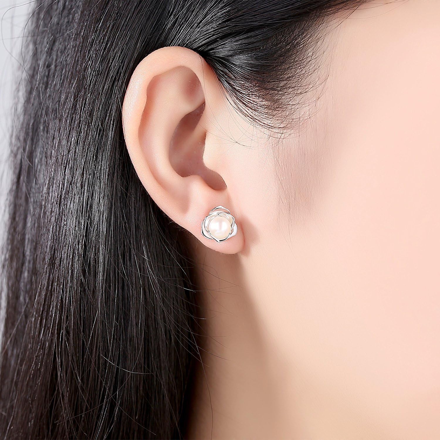 "Lovely Rose" High Polished 925 Sterling Silver Earrings with 7mm Natural Freshwater Pearl