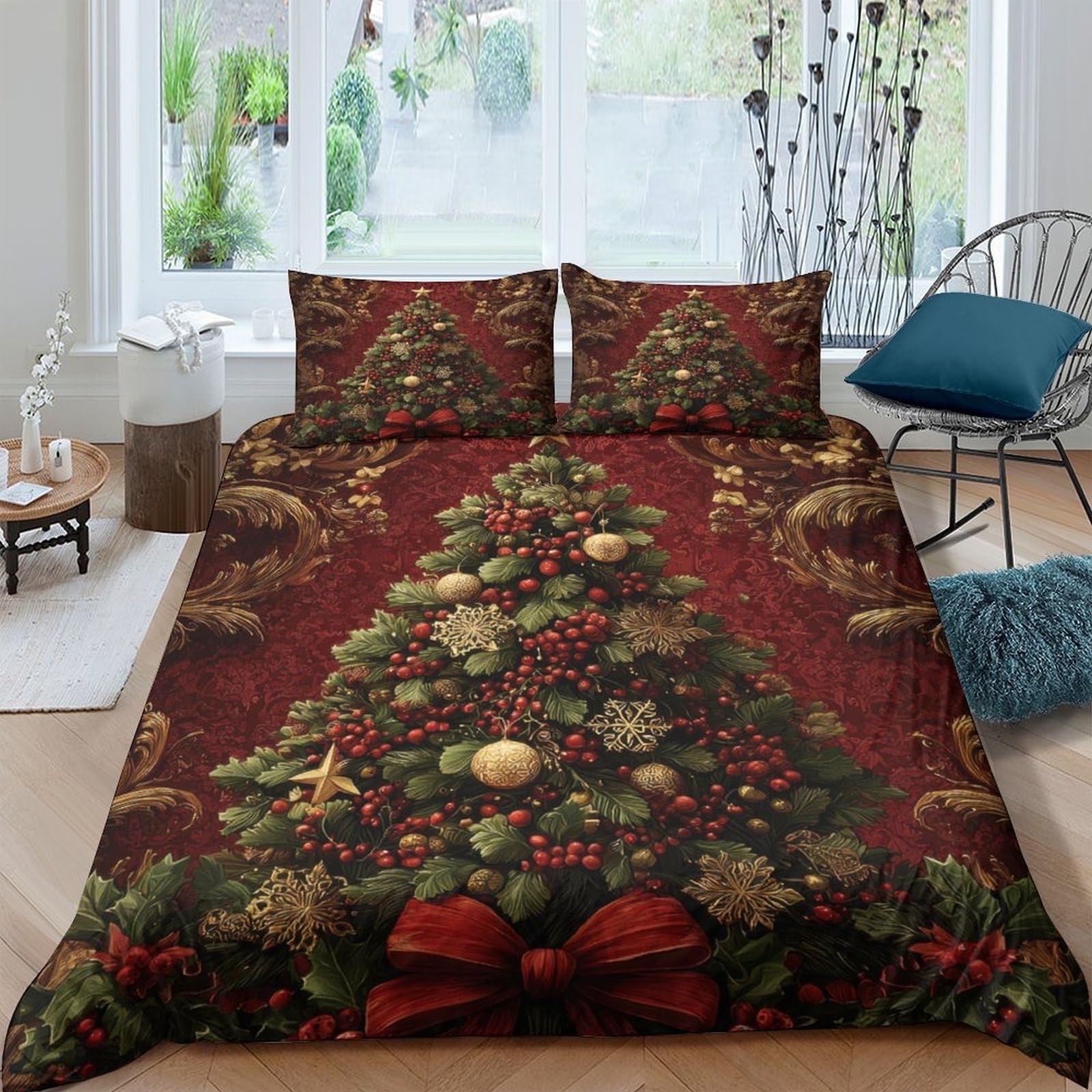Ctjqhvkz Style-6 3D Printed Christmas Tree Fitted Sheet Microfiber Red Gold Mattress Cover For Bedroom Guest Room Decor Single（135X200cm）
