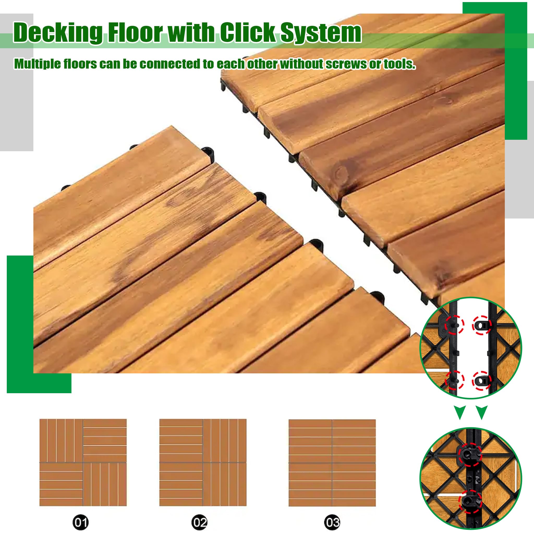 COSTWAY Set van 10 houten terrastegels, vloertegels, acaciahout, houten tegels, vloerbedekking, kliktegels, bruin, 12 lattenbodems, 30 x 30 cm