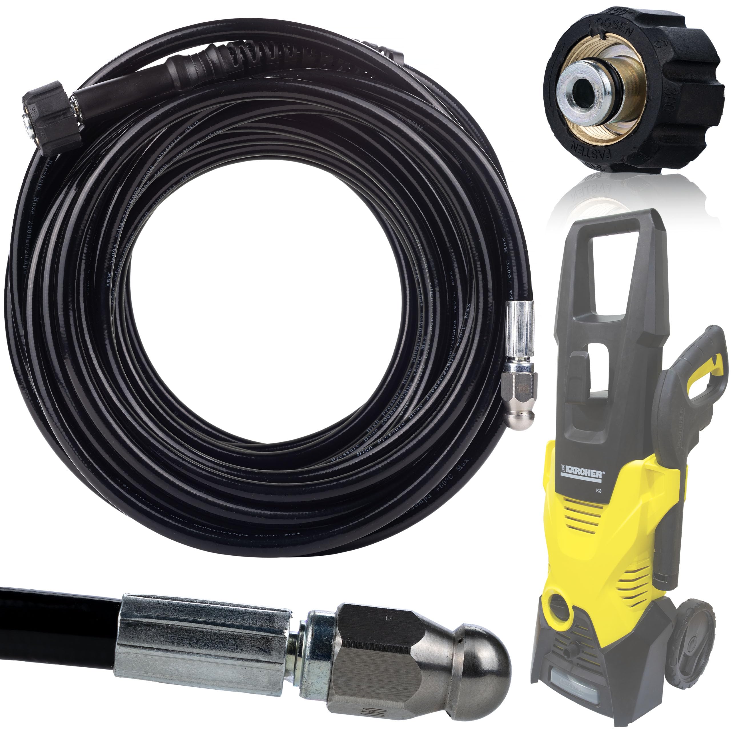 Rosfix Kit de manguera de limpieza de alcantarillado de 30 m + adaptador – rosca hembra M22 – Conector Bayonet | 200 bar 60 °C | Repuesto para limpiadora de alta presión Karcher K2 – K7 | Manguera de
