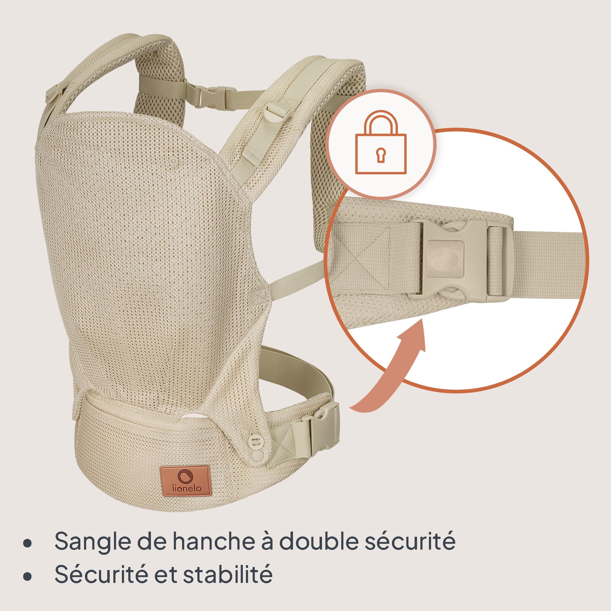 Lionelo Margareet Air Porte-Bébé Ergonomique, Respirant, dès 4 Mois, Beige | Jusqu’à 20 kg, 3 positions de portage, panneau évolutif, double sécurité, séchage rapide et capuche amovible