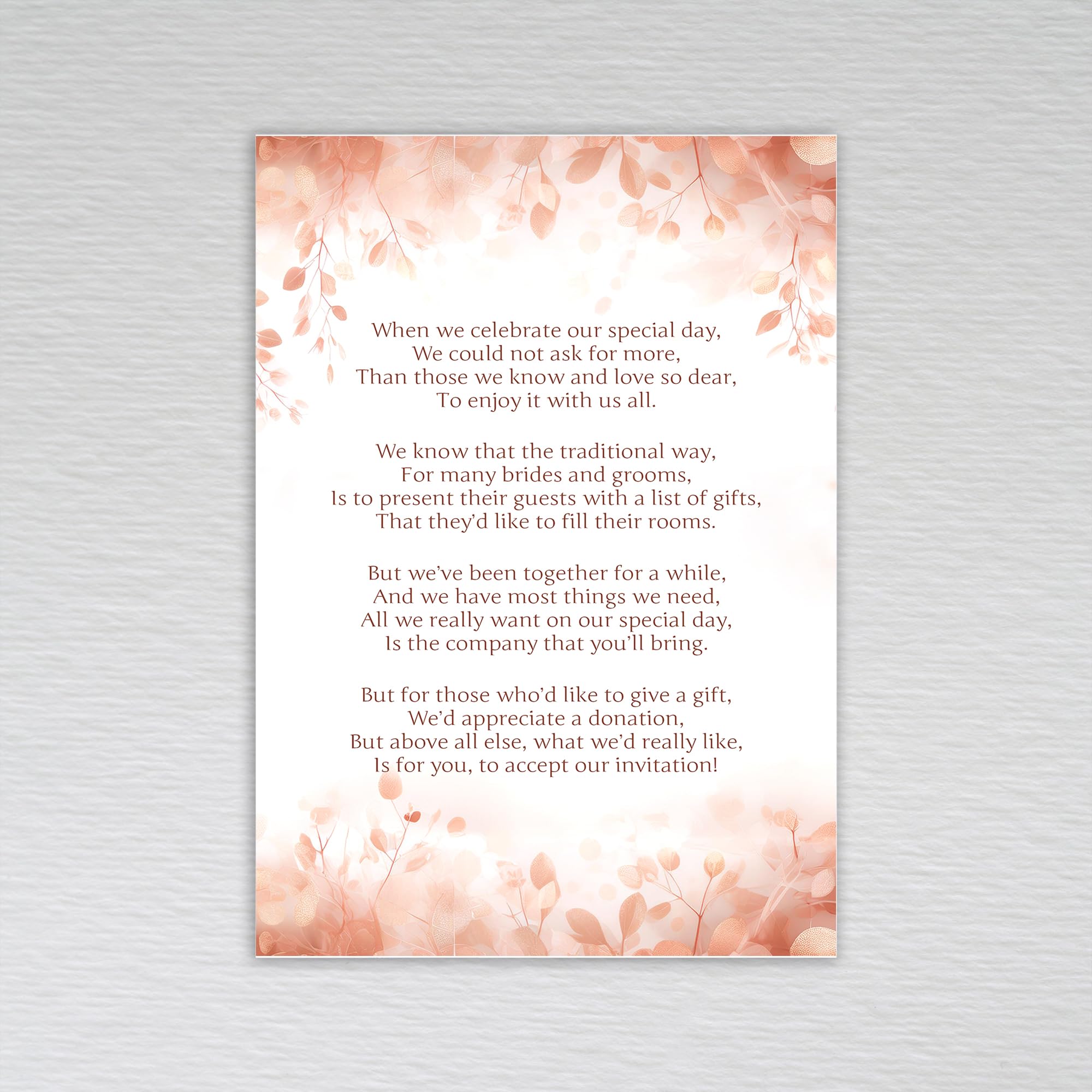 Rose Gold Leaf Wedding Money Poem/Money Gift Request Poem Cards for Weddings/Elegant Theme with Peach and Blush Pink Tones: Rose Gold Leaves Wedding Money Poem (Pack of 50 without Envelopes)