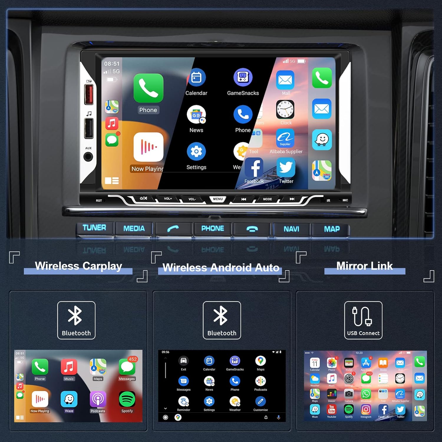 Hodozzy 9310W Car Stereo displaying Wireless CarPlay, Wireless Android Auto, and Mirror Link interfaces.
