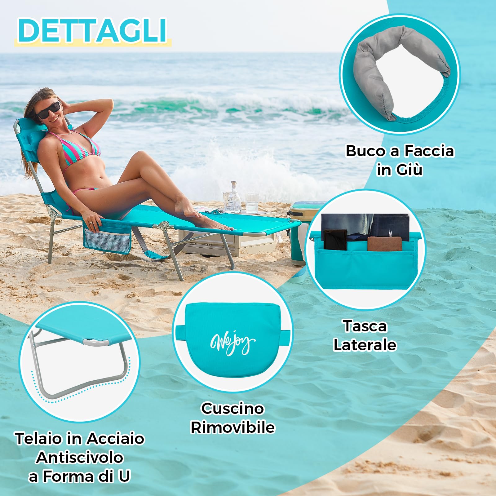 #WEJOY Lettino Prendisole Pieghevole con Foro per Lettura, Sedia a Sdraio Regolabile in 5 Posizioni, Lettino da Giardino Leggero con Poggiatesta, Lettino per Spiaggia Terrazza Piscina Campeggio