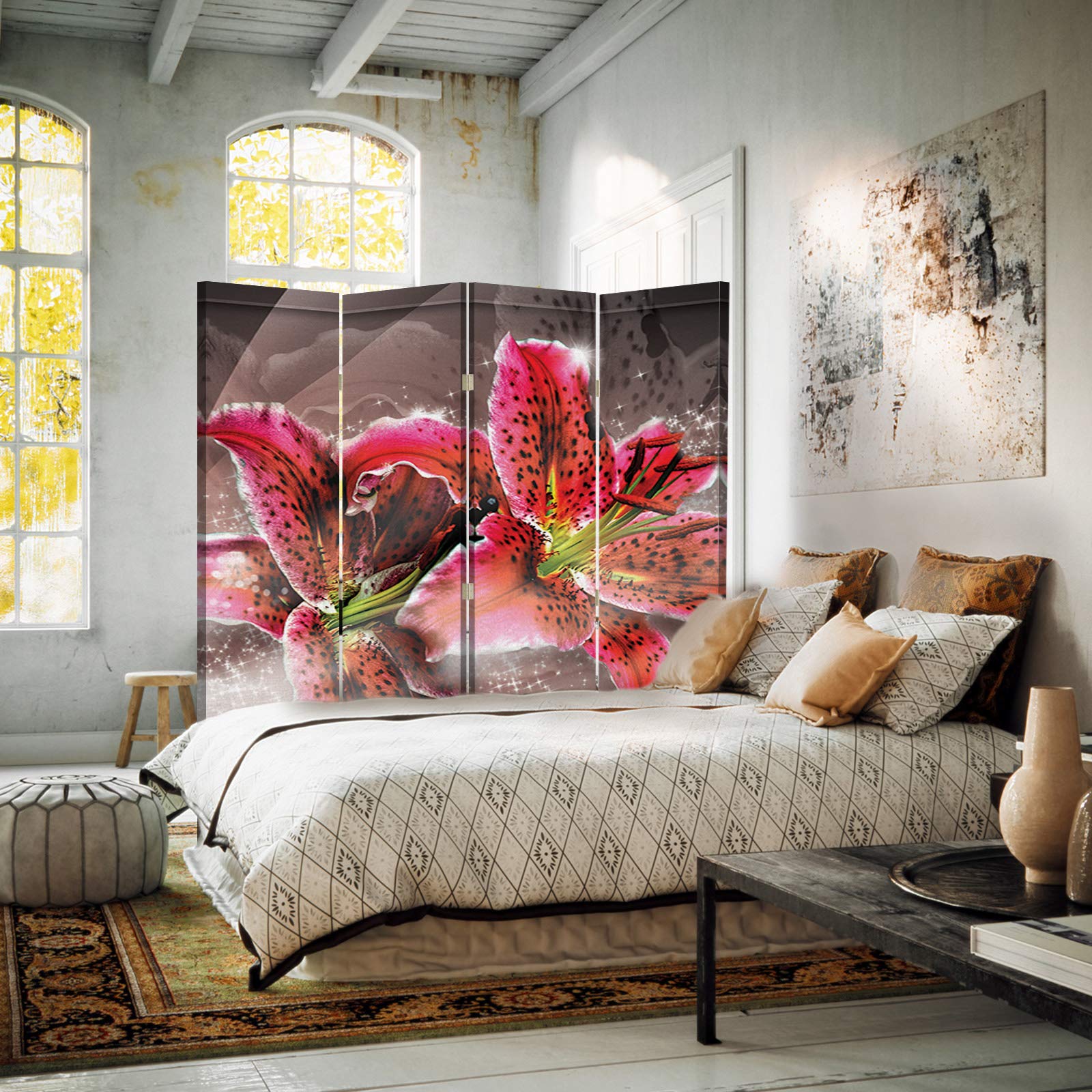 Cloison de séparation Fleur Imprimé 1 Face 4 pans Lumière Rouge 145x175 cm