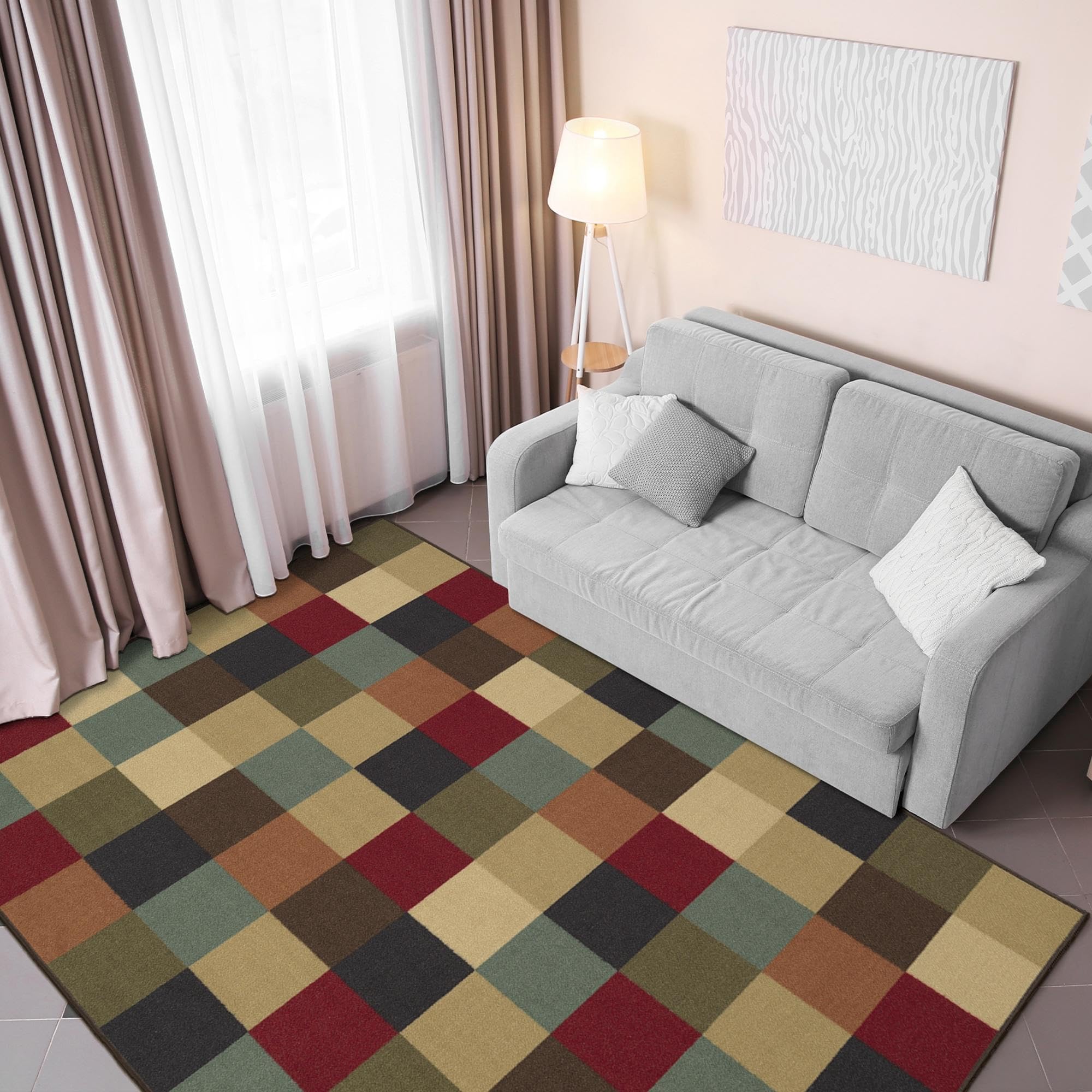 Ottomanson 5' x 6'6" Rugs for Living Room Checkered Area Rug for Bedroom - Non Slip Durable Large Floor Carpet for High Traffic Areas - Indoor Rug for Dining Room Kitchen Kids Playroom, Multicolor