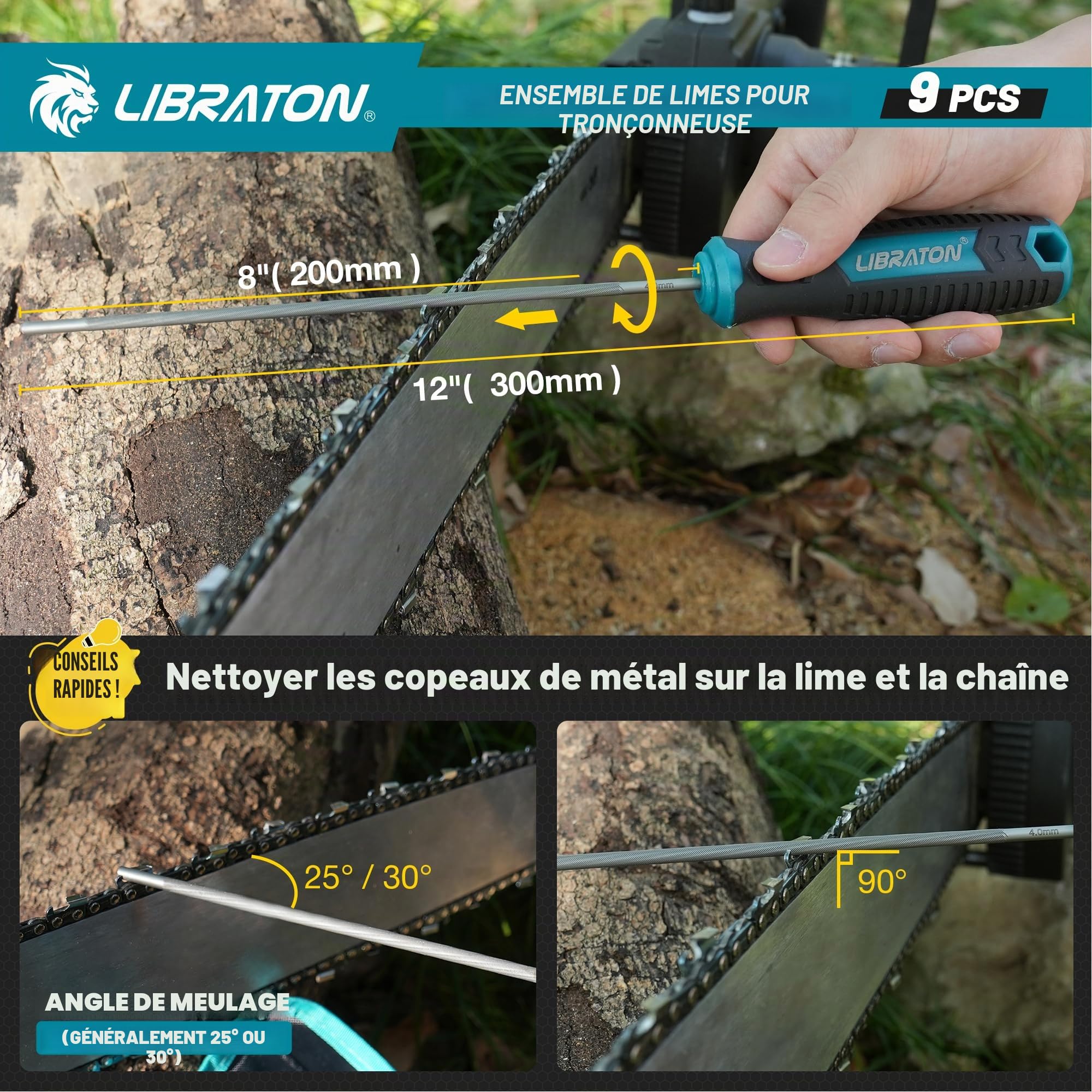 Set de limes pour tronçonneuse LIBRATON, lime d'affûtage de 5/32", 3/16", 7/32", aiguiseur de tronçonneuse, lime pour chaîne de scie ronde, lime plate de 15 cm, jauge de profondeur, guide d'affûtage