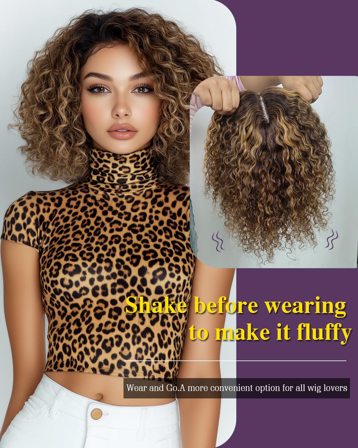 FASHION IDOL Kurze lockige Bob Echthaarperücke Vorgeschnitten Vorgezupft Glueless Wear and Go Lace Perücke 200% Dichte Upgraded Unsichtbares Geheimnis Glueless Echthaar Perücken (C-Hightlight)