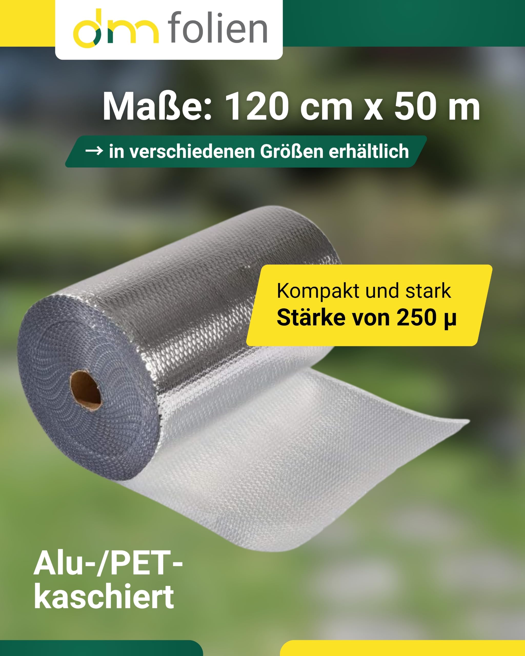 dm-folien Luftpolsterfolie alukaschiert I 120 cm x 50 m = 60 m² I 3-lagige & reißfeste Thermofolie I 250 my Isolierfolie für Modellbau, Flügeltaschen, Transport & Schutz empfindlicher Teile