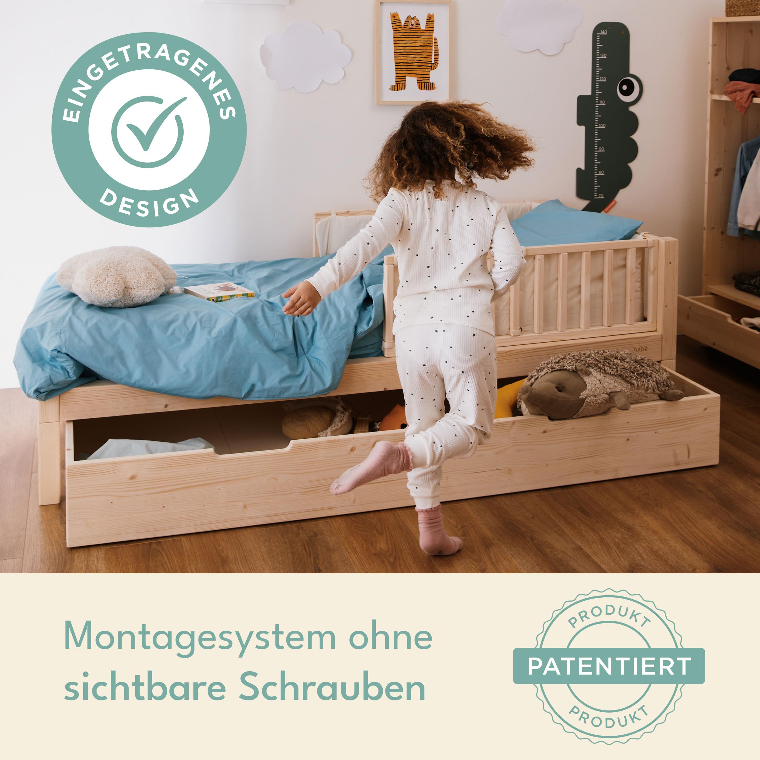 nabè Letto Evolutivo 80x190 cm | Materasso Incluso | Set 5 Sponde protettive - Letto Montessori a terra in Legno Massello Naturale PEFC - Cresce con il Bambino