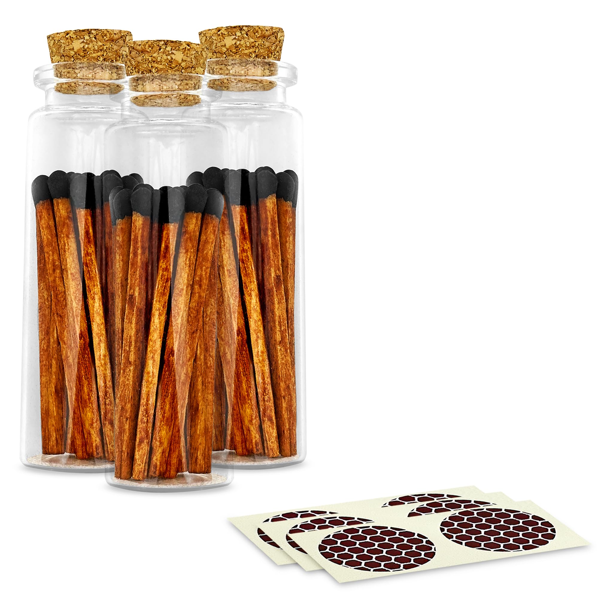 Thankful Greetings Brown & Black Espresso 2" Safety Matches | 3 Glass Bottles Each with Cork Top, Striker & 20 Matchsticks (60+ Total) | Decorative