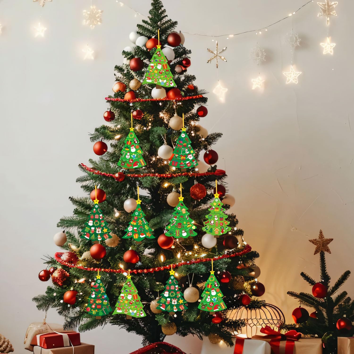 Penitue 24pcs Christmas Tree Crafts Kit, DIY Cardstock Christmas Tree Ornaments with Stickers & Ribbons for Holiday Decorations Classroom Activities & Party Favors