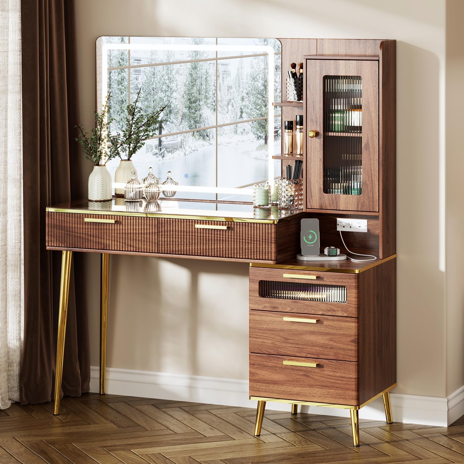 47.24" Big Modern Vanity Desk with Mirror and Lights,Makeup Vanity Desk with 5 Drawers and Storage Shelves & Power Outlet,Dressing Table with Glass Top, Brown