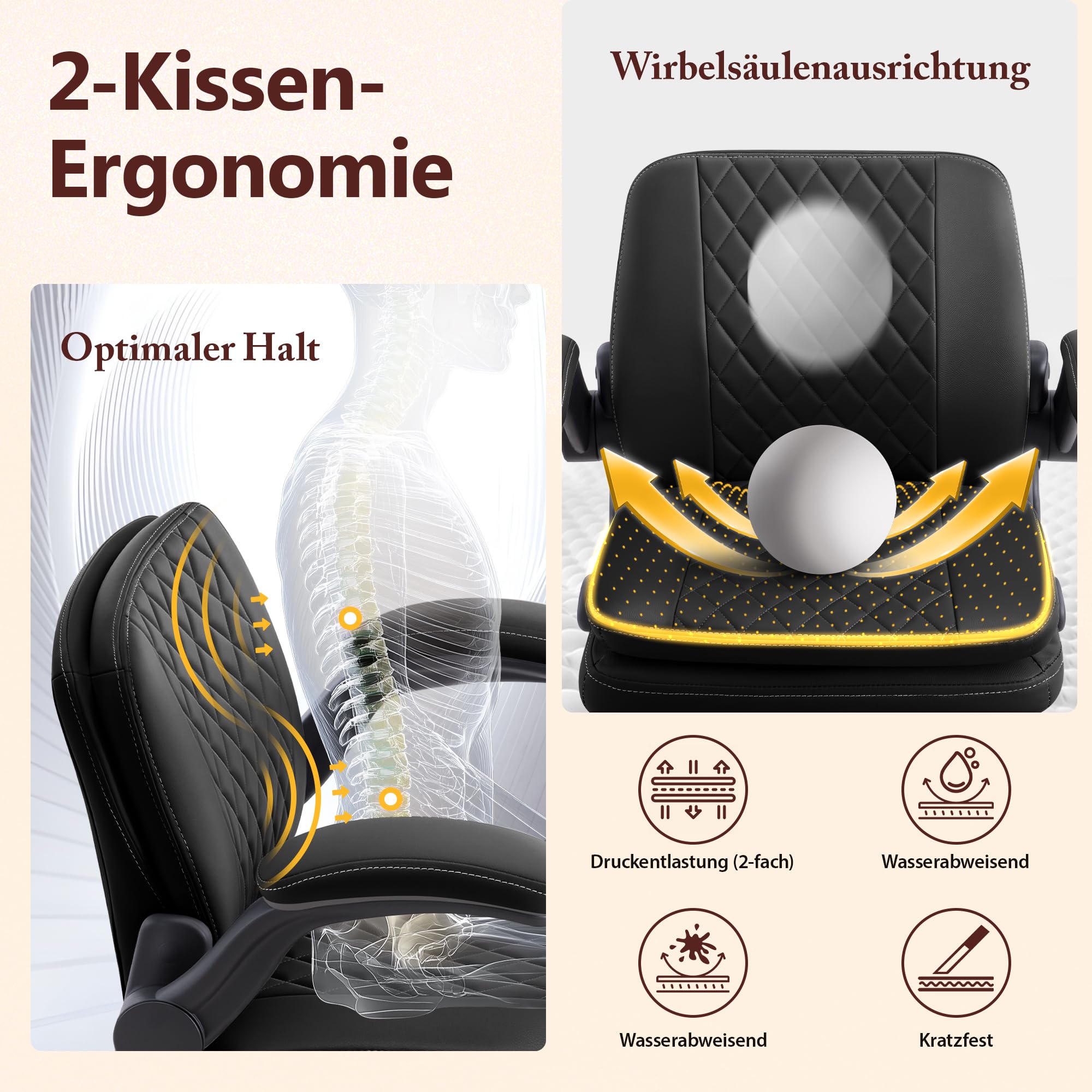 Ergonomischer Kniestuhl mit Rädern, klappbaren Armlehnen, Schwarz