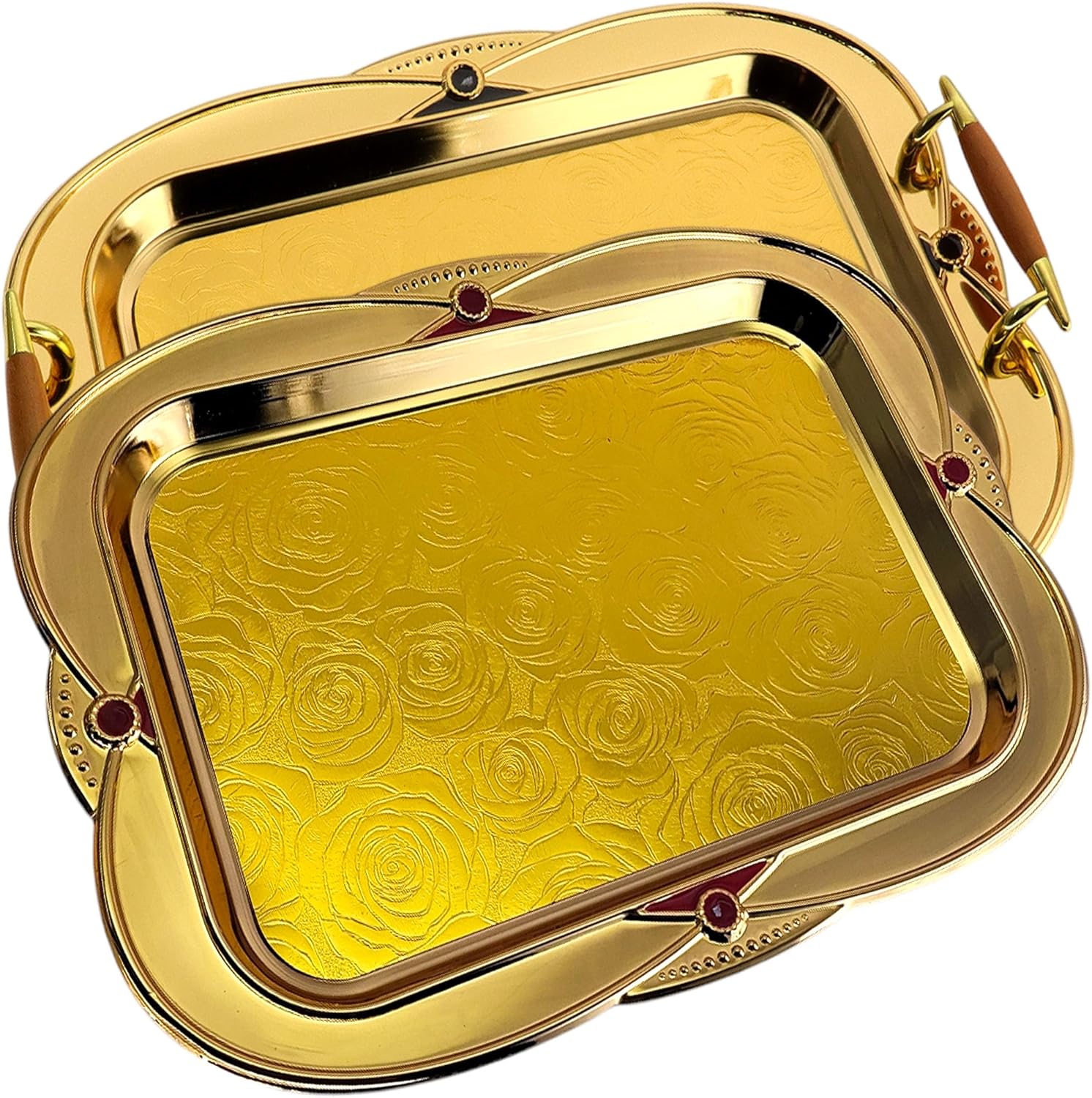 (Pack of 2) 20.3 inch x 15.5 inch Floral Shape Antique Decor Style Iron Gold Plated Serving Tray with Handles Floral Anti-Scratch Sticker Buffet Party Wine Platter Plate Dish TTL-010