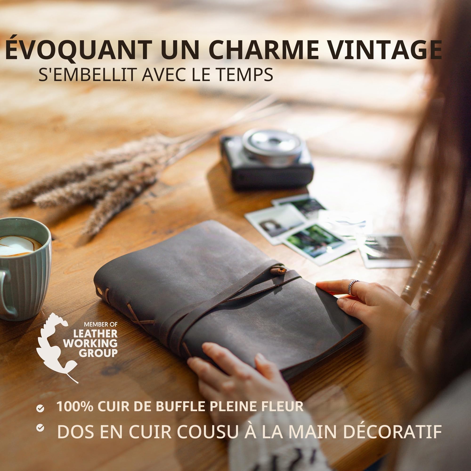 Album Photo en Cuir– MOONSTER Album Photo 10x15 - Scrapbooking - en Buffle Véritable Fait Main - Traditionnel avec Sangle