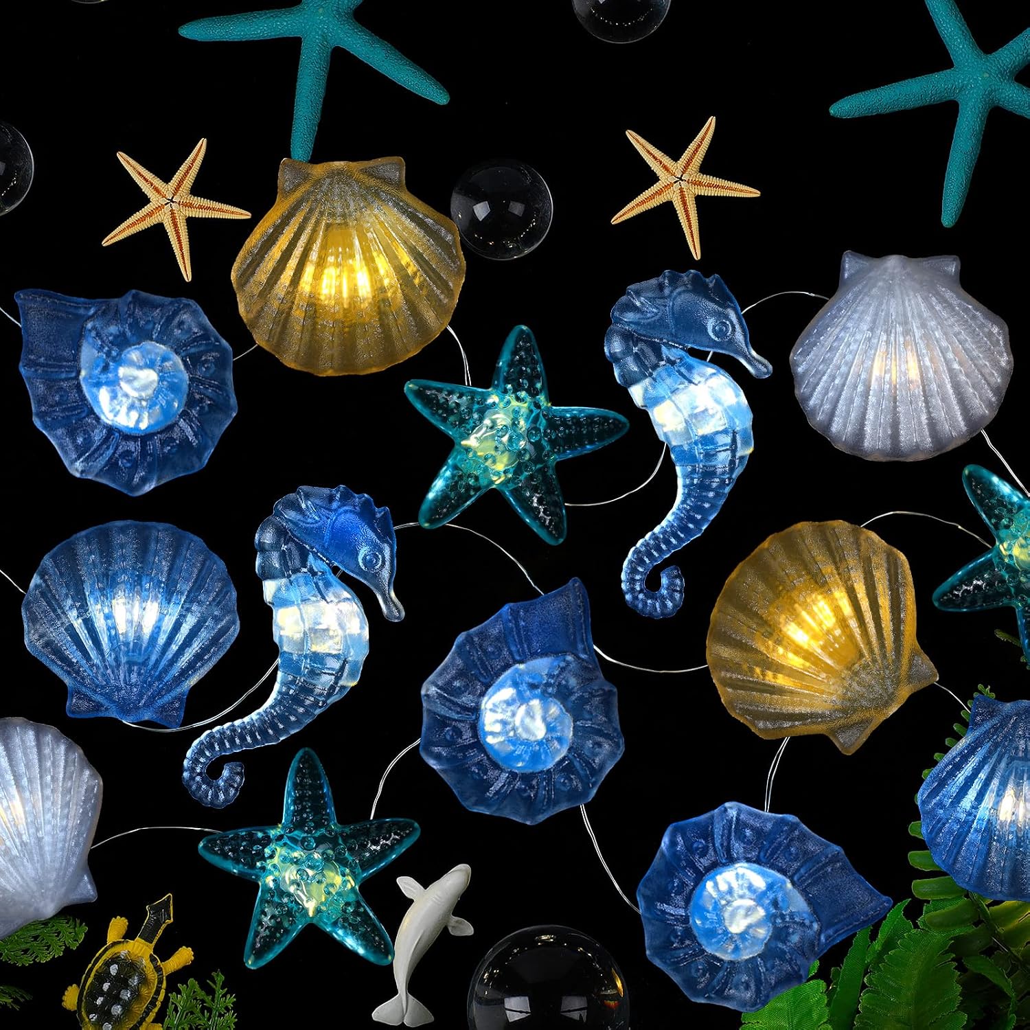 Xuhal 2 Sets Total 20 FT 60 LED Ocean Decor String Lights for Bedroom Beach Nautical Theme Lights of Marine Life Seashell Seahorse Conch Waterproof Decor Battery Operated for Beach Bedroom Holiday