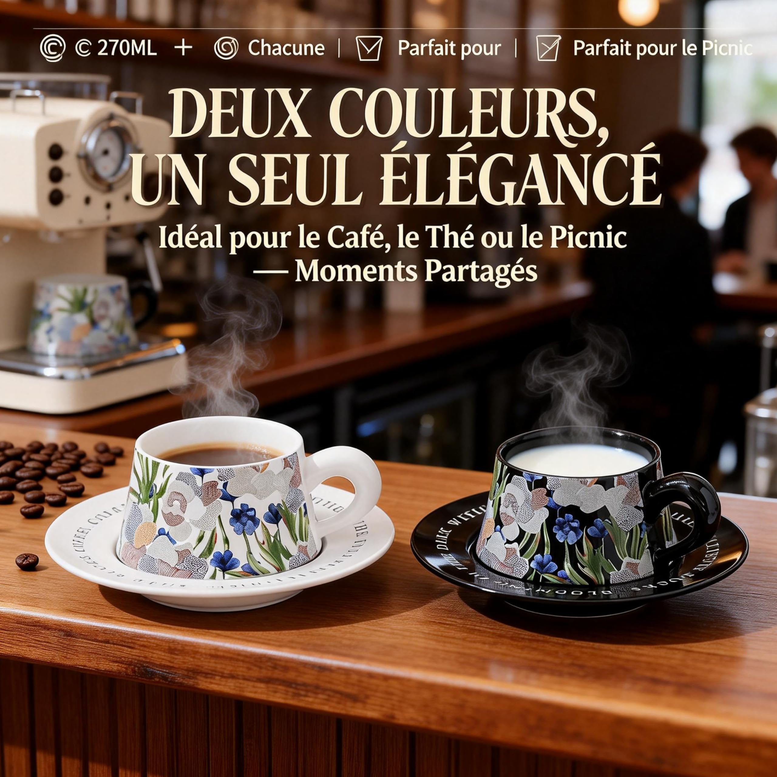 TERRATERRA Tasse à Café en Ceramique 270ml - Lot de 2 - Avec Soucoupe - Coffret Cadeau - Tasse à Thé - Tasse à Latte - Cadeau de Nouvel An