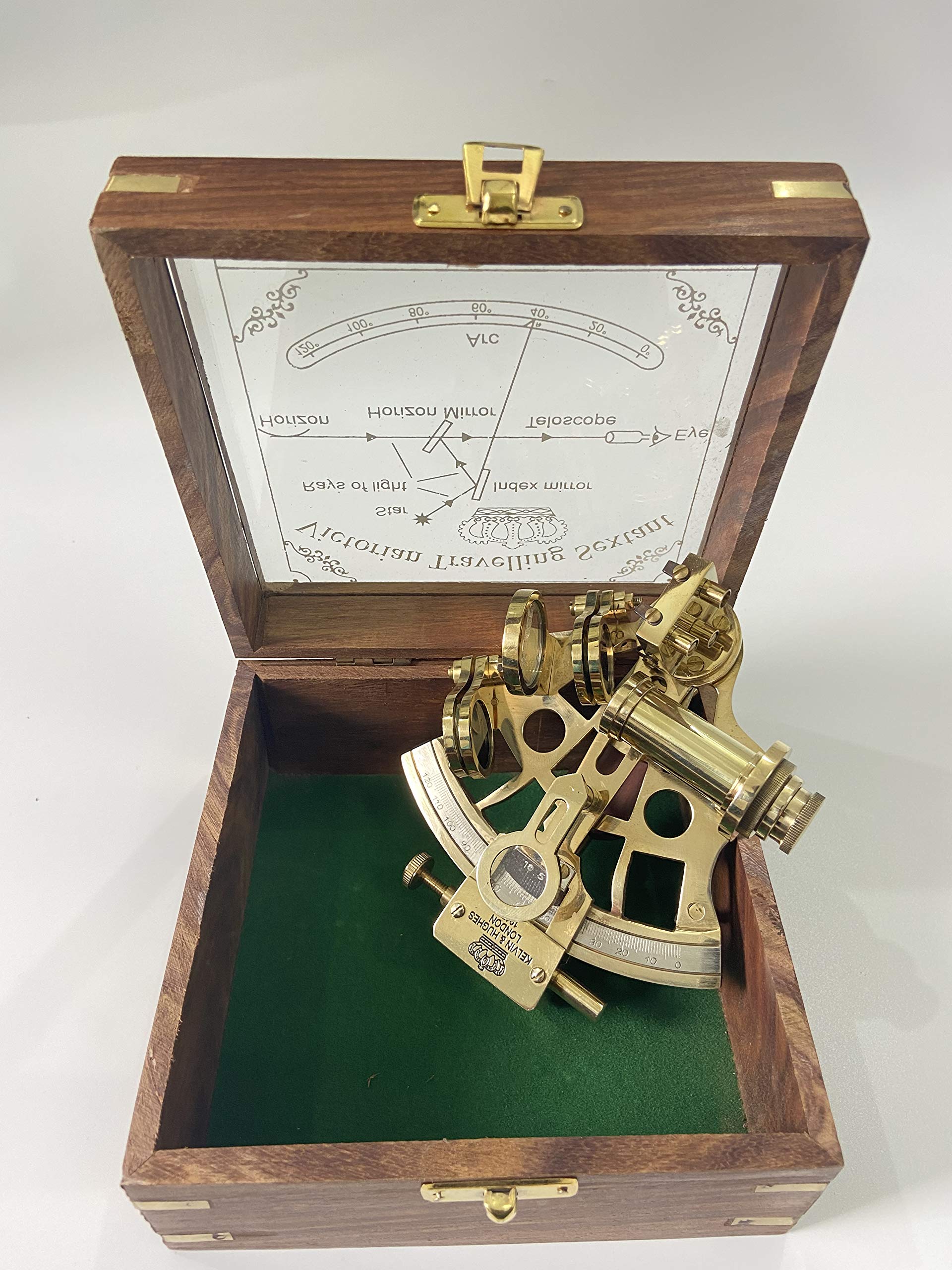 Malla - Sestante da lavoro in ottone realizzato a mano, 12,7 cm, con scatola in legno inciso, sestante di navigazione