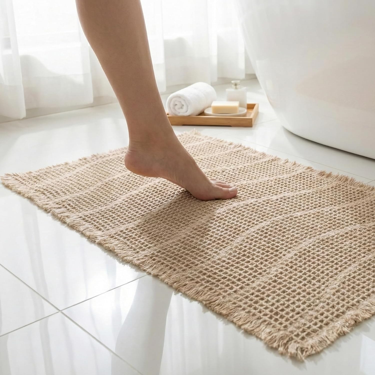 Waffle Knit Bath Mat Set of 2 – 17×24 & Large 24×48 Latte/Tan | Deluxe Dual Anti-Slip Backing + Extra Pad | Ultra-Absorbent Quick-Dry Waffle Bathroom Rug Boho Chic Decor | Laundry Bag Included
