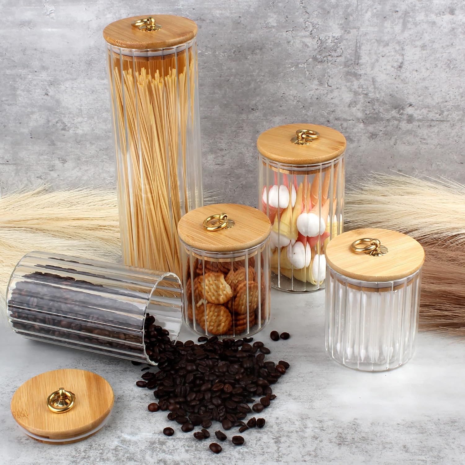FANTESTICRYAN Glass Storage Jars Set of 5, Decorative Coffee Bar Container with Airtight Bamboo Lid Metal Ring for Home Kitchen Storing Candy, Cookie, Pasta, Nuts, Oatmeal and Bathroom Salt - Image 7