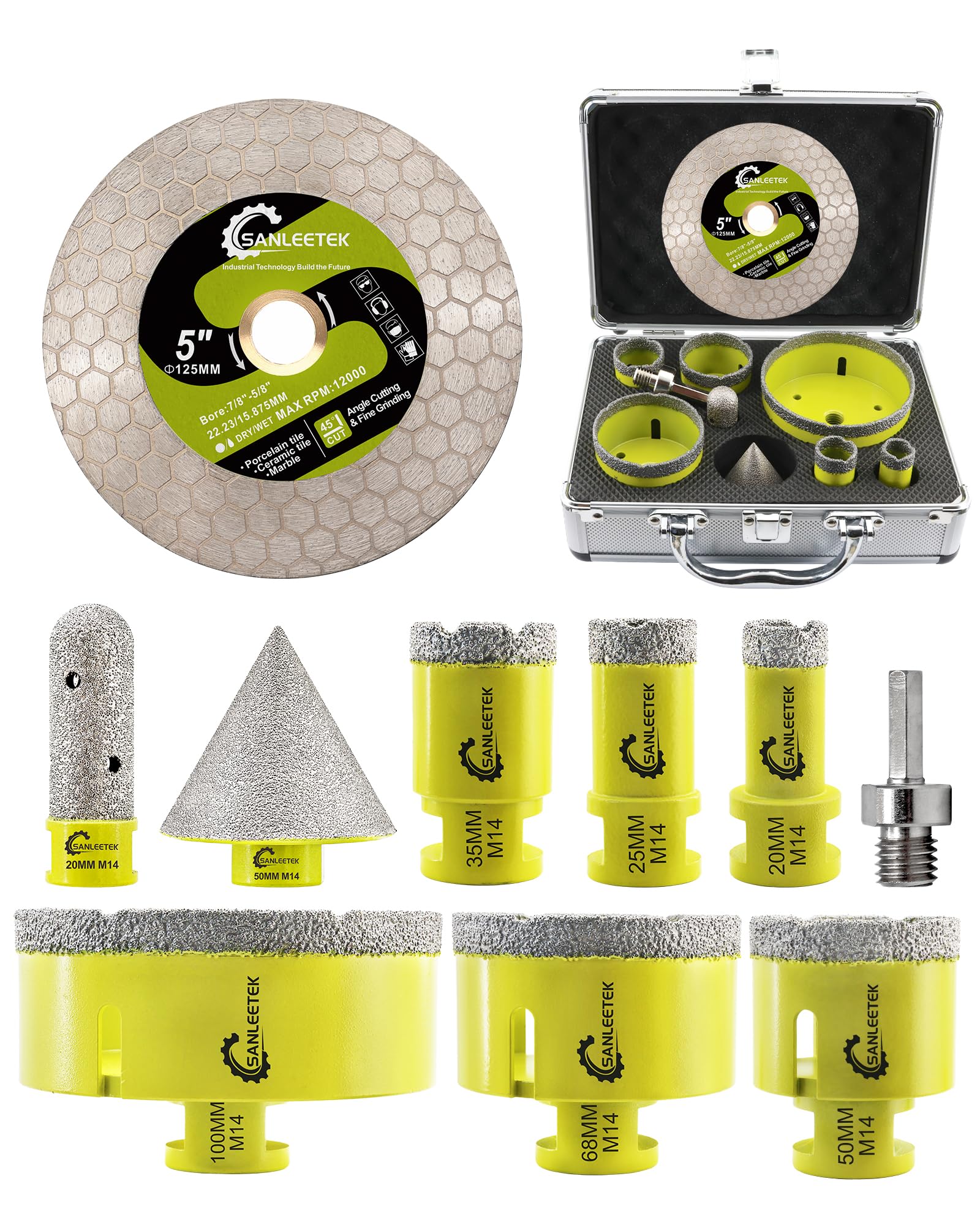Diamond Core Drill Bits Set - SANLEETEK Diamond Hole Saw Kit 10pcs (20/25/35/50/68/100mm+20mm Finger Bit+50mm Beveling Chamfer Bit+125mm Saw Blade+Hex) for Porcelain Tile Ceramic Marble Granite