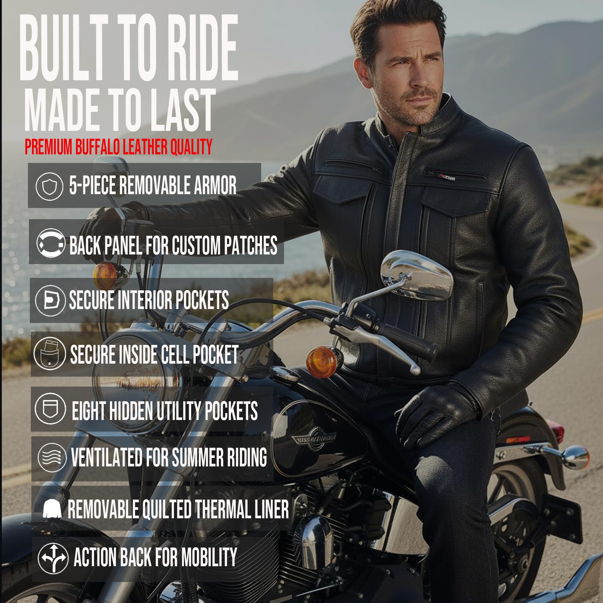 COMMUTER Mens Motorcycle Jacket Premium Buffalo Leather CE Armor Utility Pockets Street Cruiser Motorbike Biker Black L — view 5