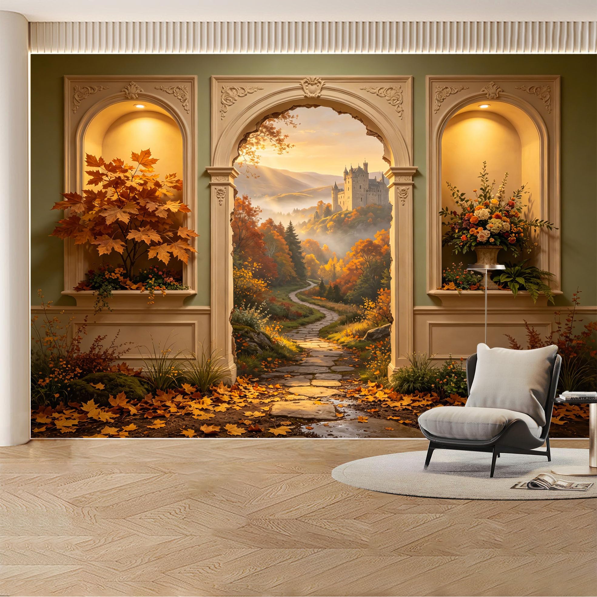 Custom Wall Mural Wallpaper European Garden Fountain， Landscape 3D Effect Wall Decor Large Wall Art， Luxury Misty Vintage Removable SelfAdhesive Large Photo for Living Room， Bedroom， Office