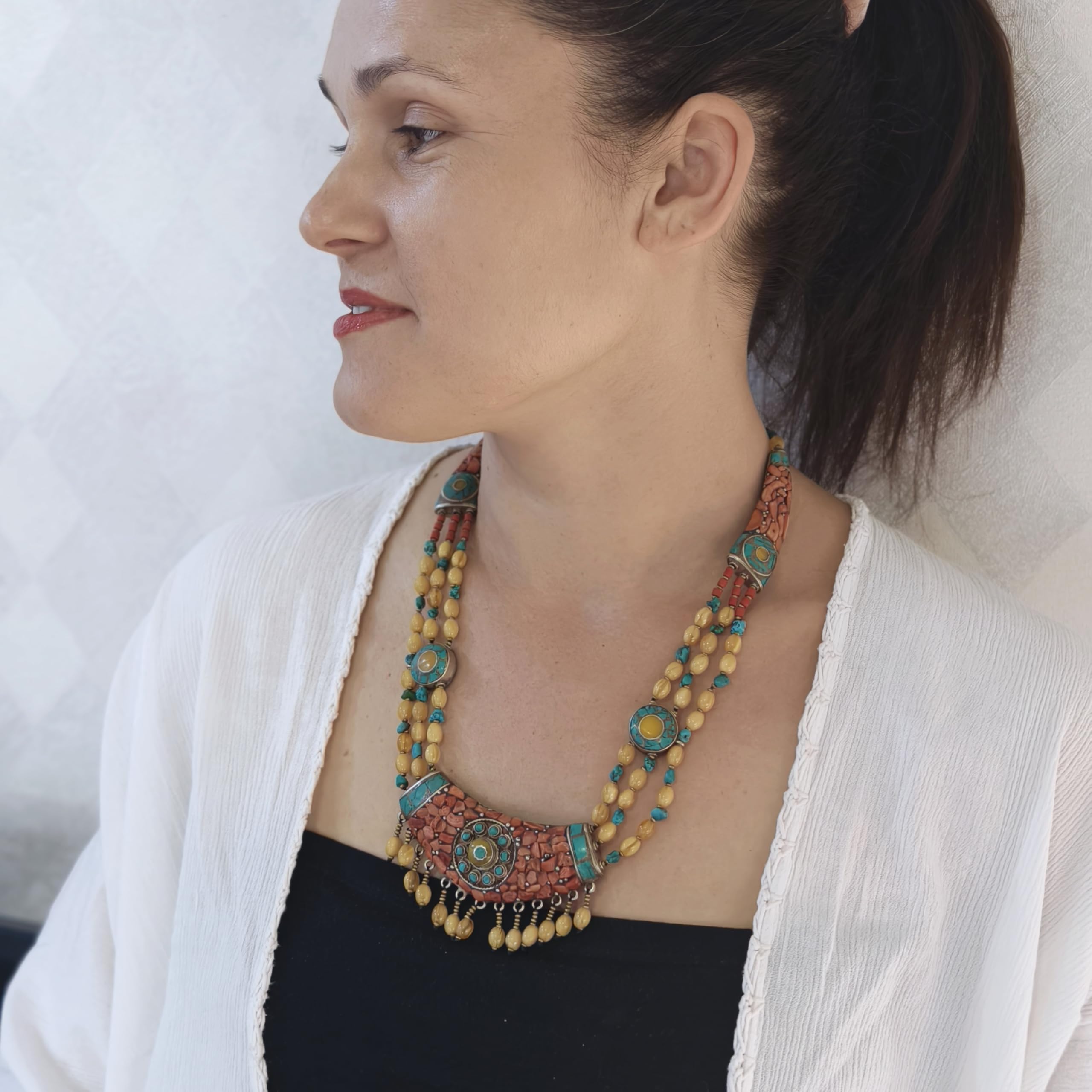 Collana Bib Etnica Boho Statement Ambra Turchese Corallo