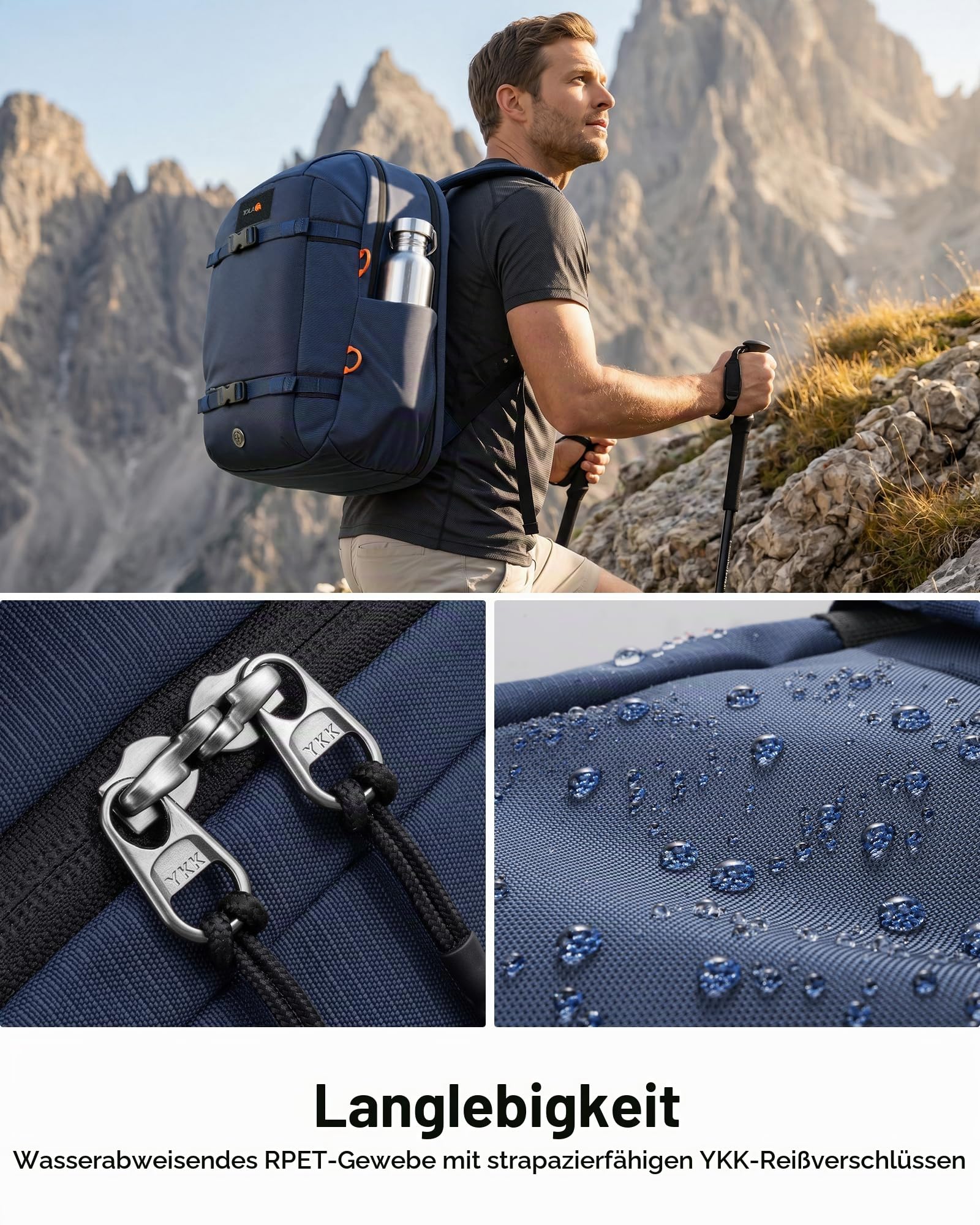 Tolaccea Reiserucksack 30L Damen Herren, Handgepäck Rucksack 16 Zoll Laptop | Nachhaltiges RPET. 180°-Laptopfach bis 16" mit EVA-Schutz. YKK-Reißverschluss. Standfeste Bodenplatte