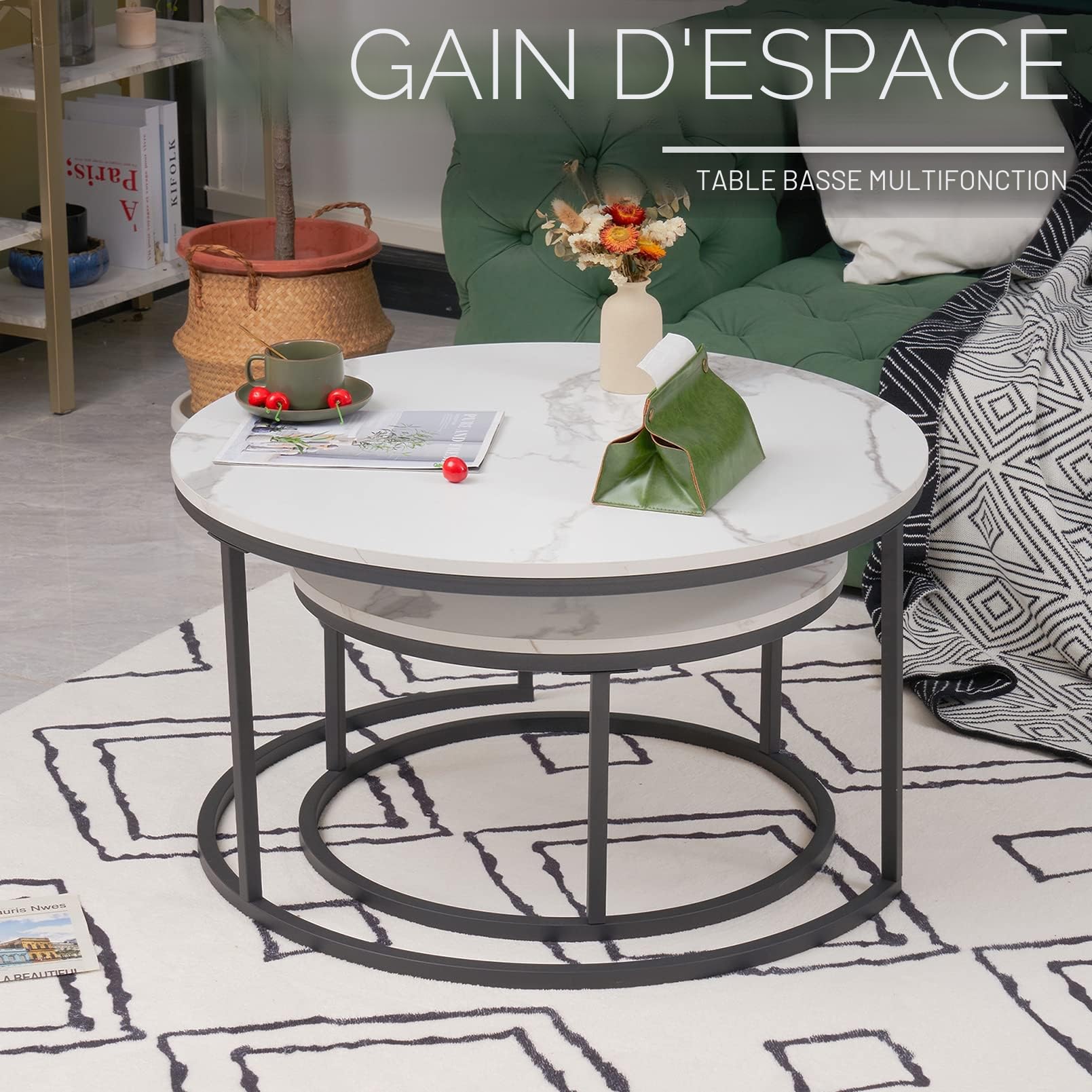 Lot de 2 Tables Basses Rondes en marbre Blanc avec Structure en métal Noir, Table d'appoint Ronde, Table de Salon Moderne, Tables de Salon pour Salon, Chambre à Coucher, Balcon