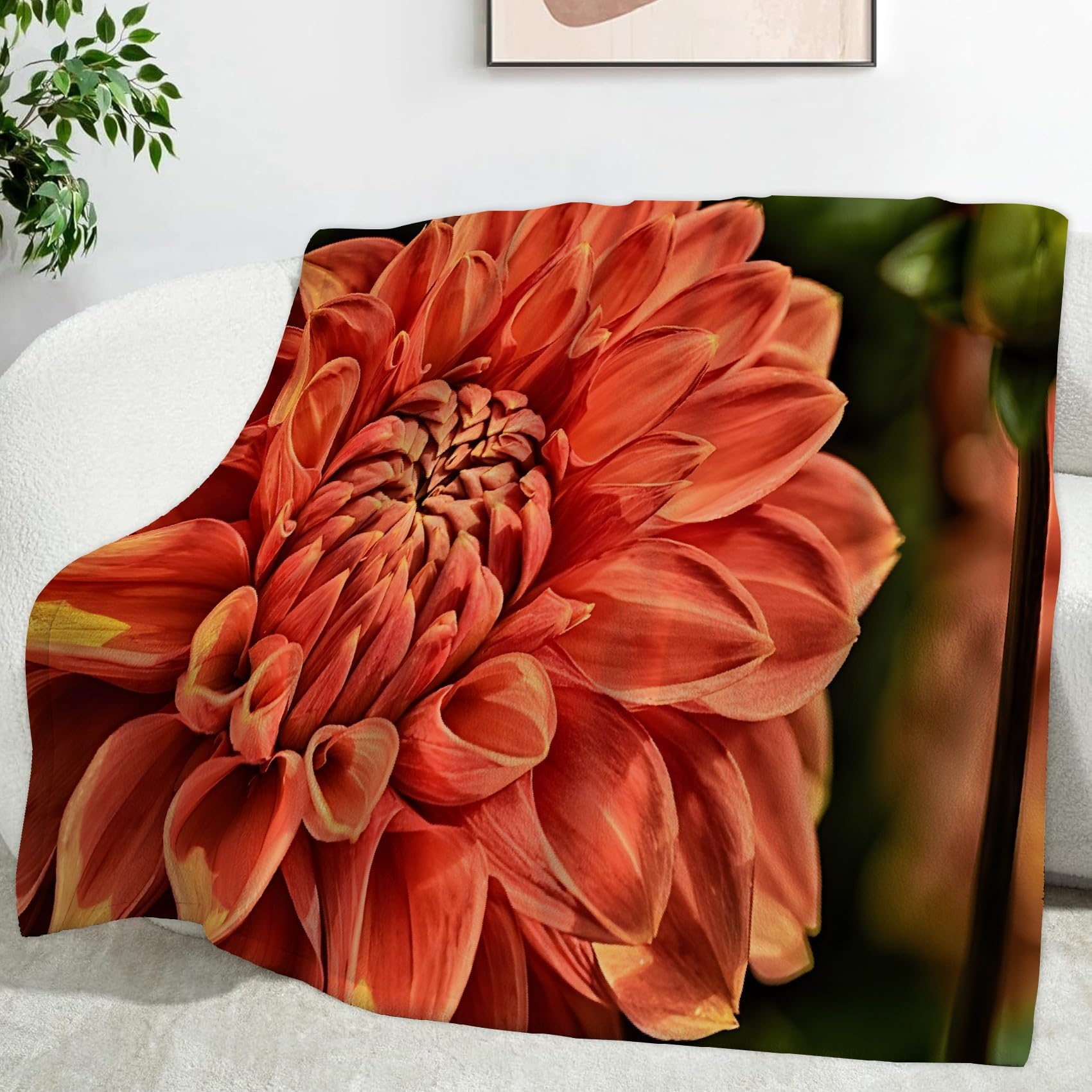 Ypthriline Orange-Red Dahlia Blanket, Realistic Flowers Microfiber Flannel Throw Blanket, Comfortable Soft Fluffy and Warm, Blankets for Beds, Sofas and Recliners, 230×270 CM