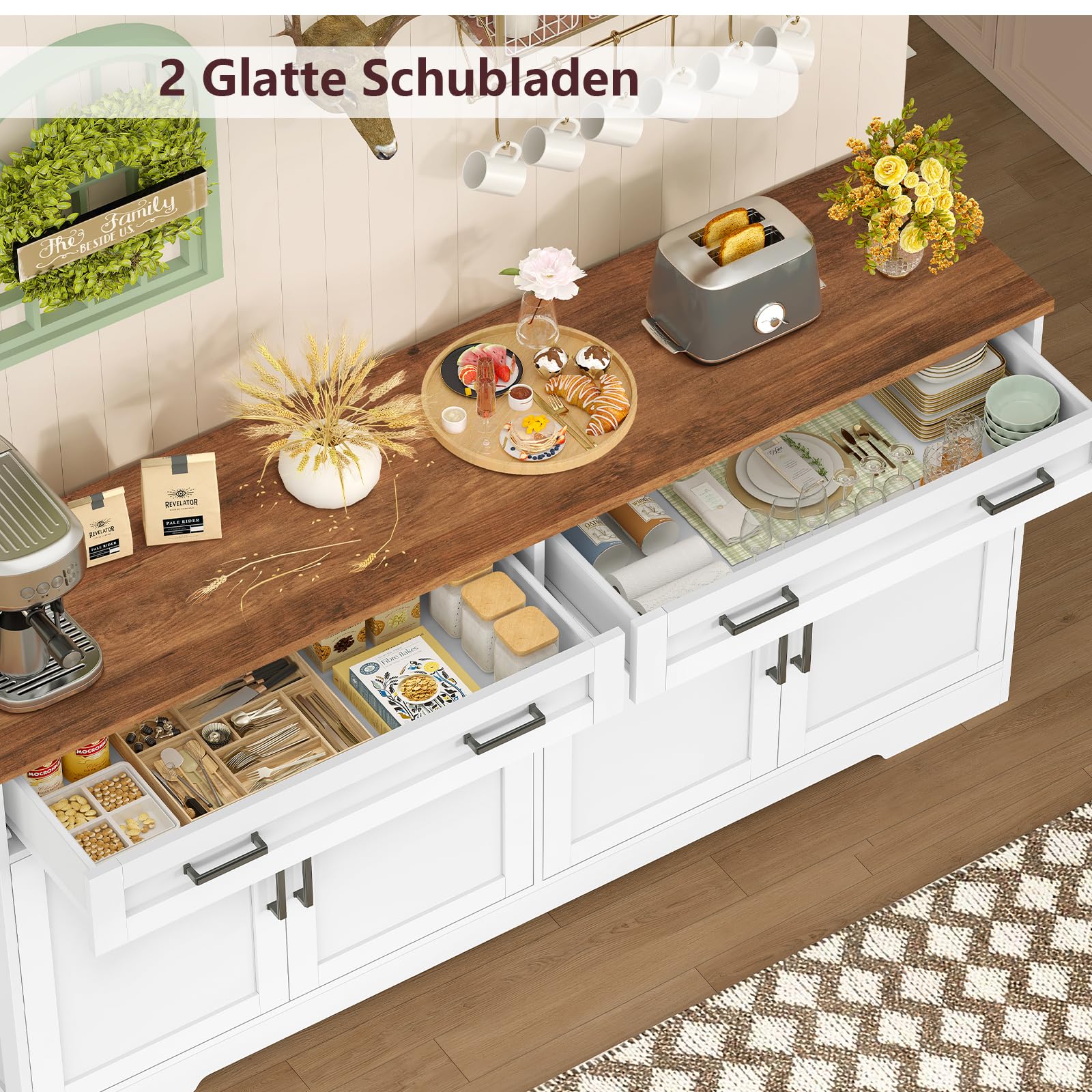 TEENFON 140 cm (B) Sideboard, 80 cm (H) Küchenschrank mit Arbeitsplatte, Buffetschrank mit 2 Schubladen & Verstellbaren Regalen, Küchenzeile für Küche, Wohnzimmer & Flur - 140 x 36,8 x 80 cm - Weiß