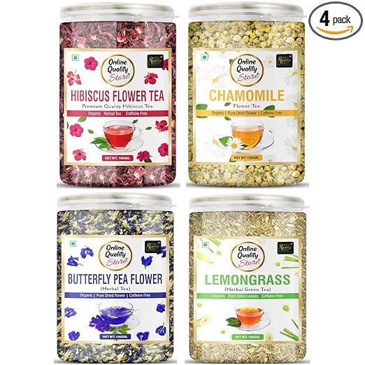 Hibiscus Flower Tea, Butterfly Pea Tea, Chamomile Tea, Lemongrass Tea-100G Each Hibiscus, Chamomile, Lemon Grass Herbal Tea Mason Jar (4 X 100 G), 400 grams