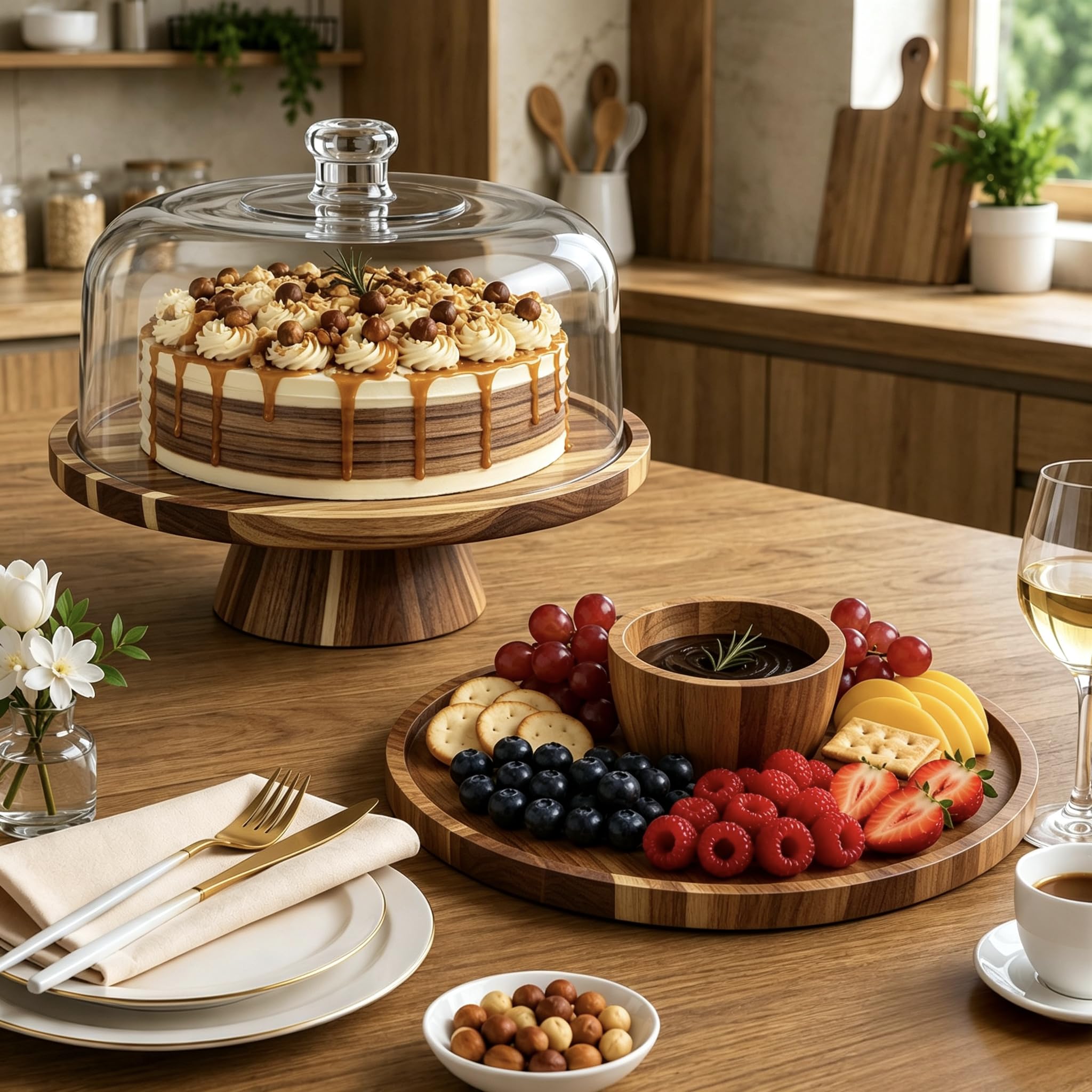 Bandeja para tartas con tapa de madera de acacia, soporte multifuncional