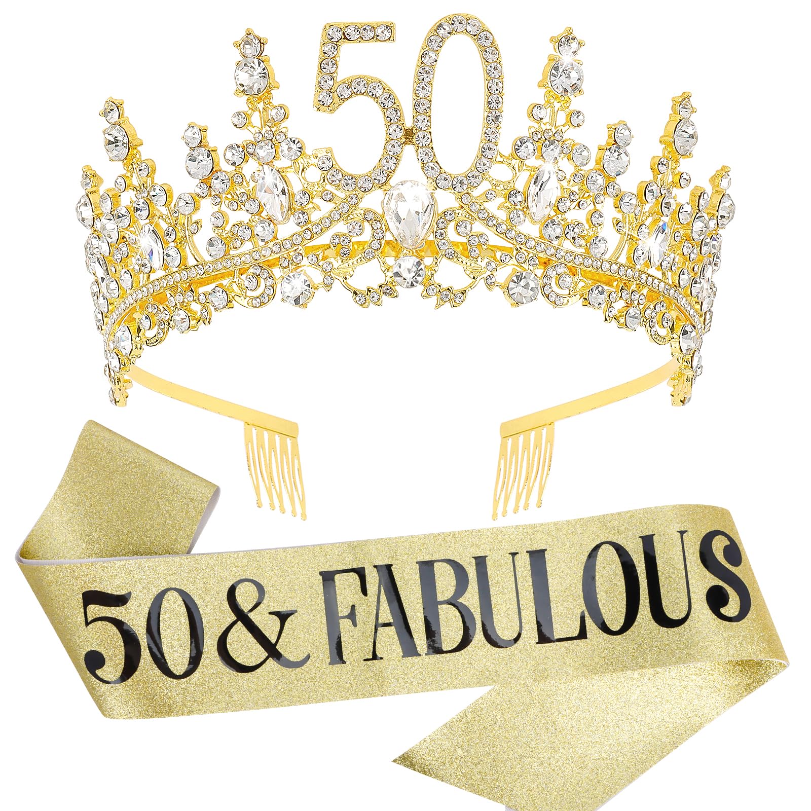 TOBATOBA 50th Birthday Decorations for Women, 50th Birthday Crown + 50 & Fabulous Birthday Sash Set, Silver 50th Birthday Gifts for Her Cool Gifts for 50th Birthday Party Decorations