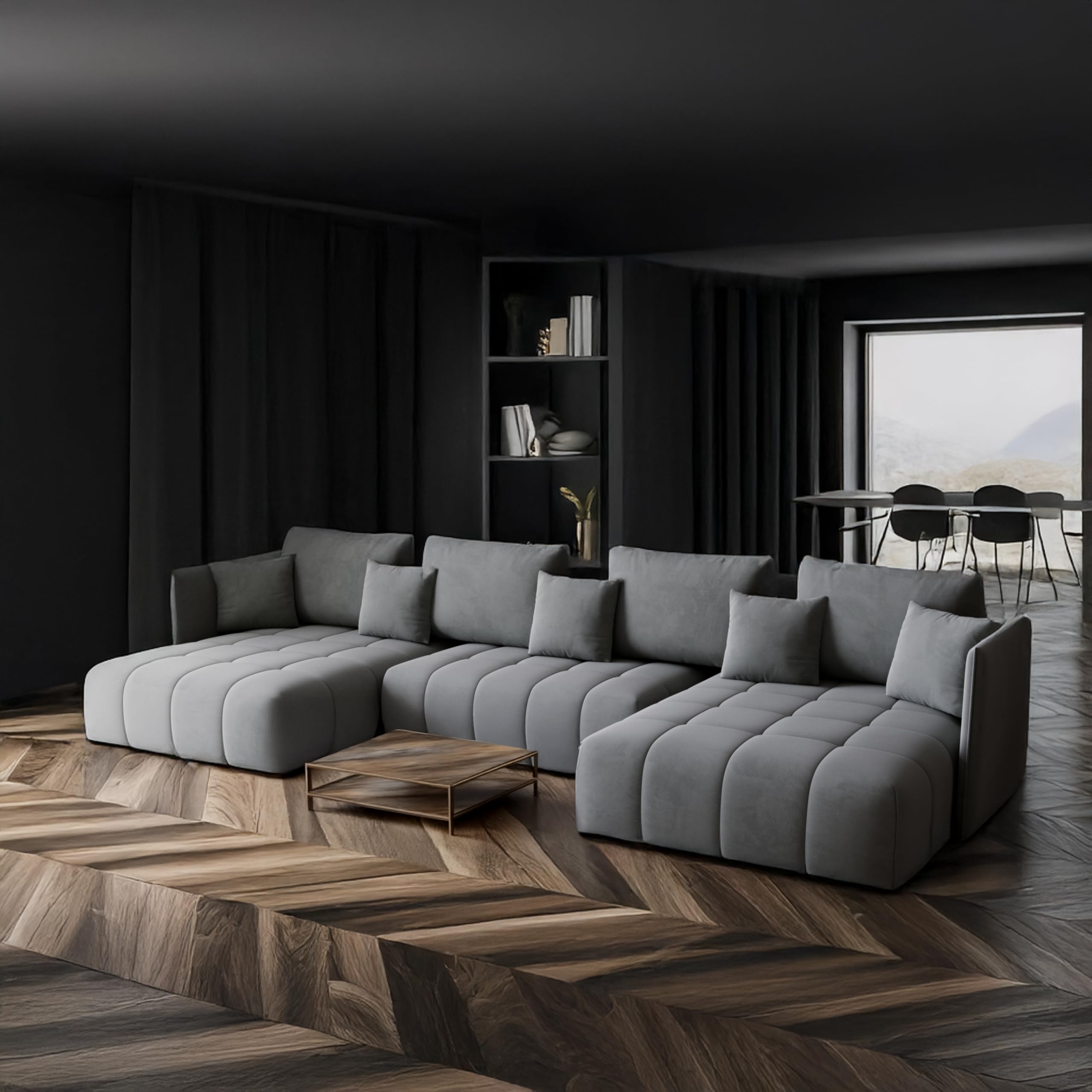 Wohnlandschaft u Form- Gona U - Schlafsofa 346 x 188 cm - T30-Schaumstoff - Automatisches Zusammenklappen für einfaches Entfalten - 346x188x93cm - Monolith 84 (Grau)