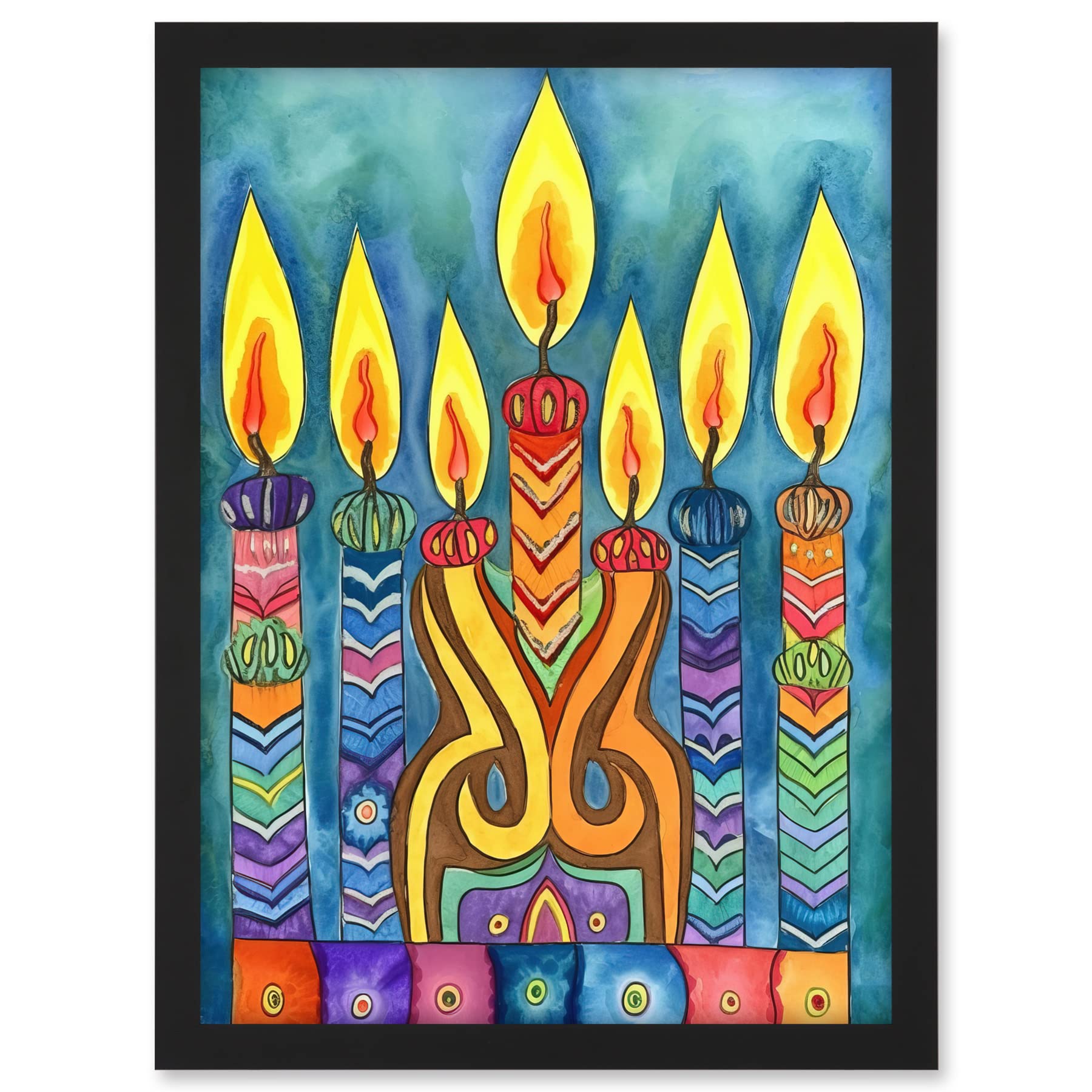 Artery8 Jewish Menorah Candle Patterns Folk Art Watercolour Painting Artwork Framed A3 Wall Art Print