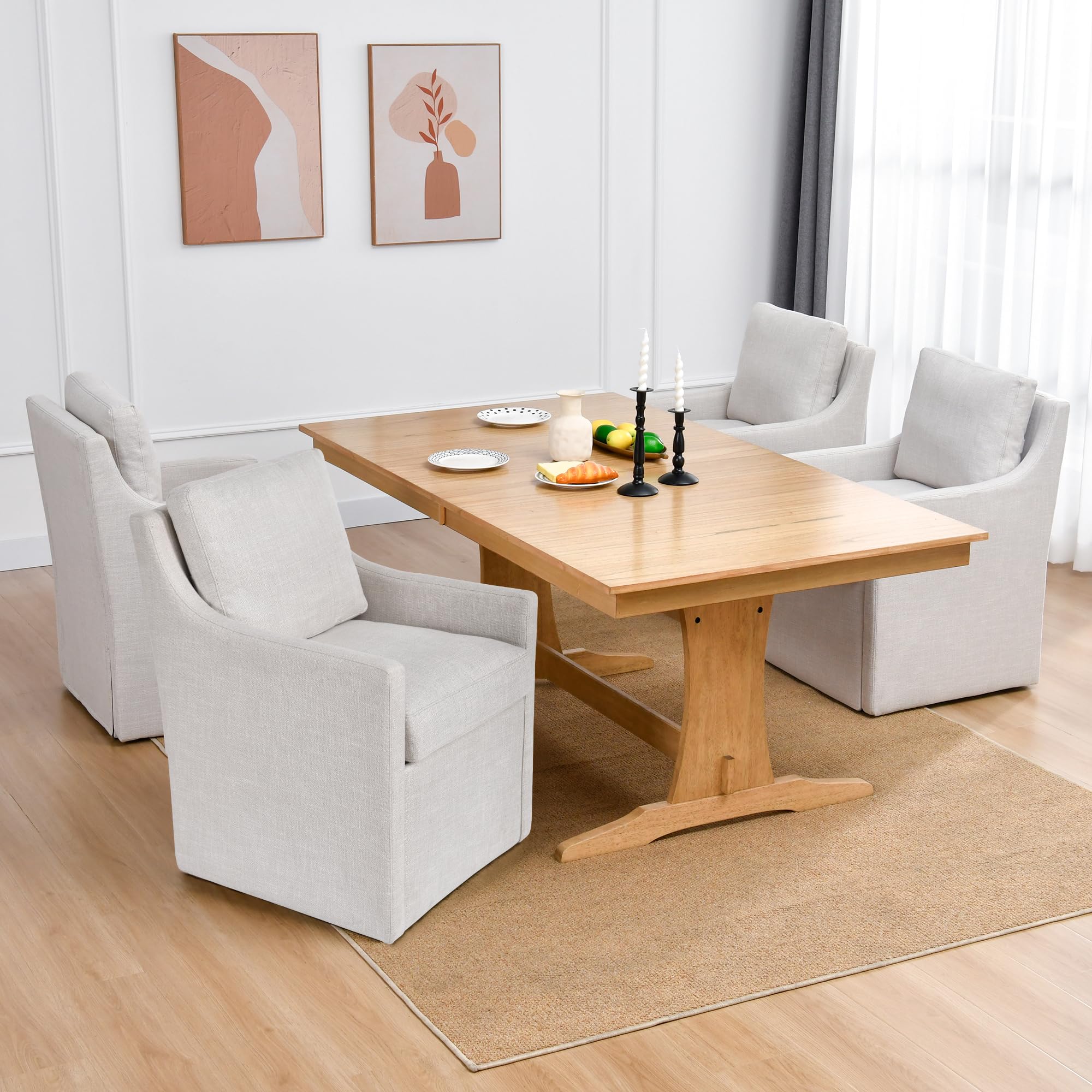 DUHOME Upholstered Dining Chairs Set of 4 with Casters,Linen Armchair with 4 Casters for Living Room,Modern Accent Armchair with Rollers for Bedroom