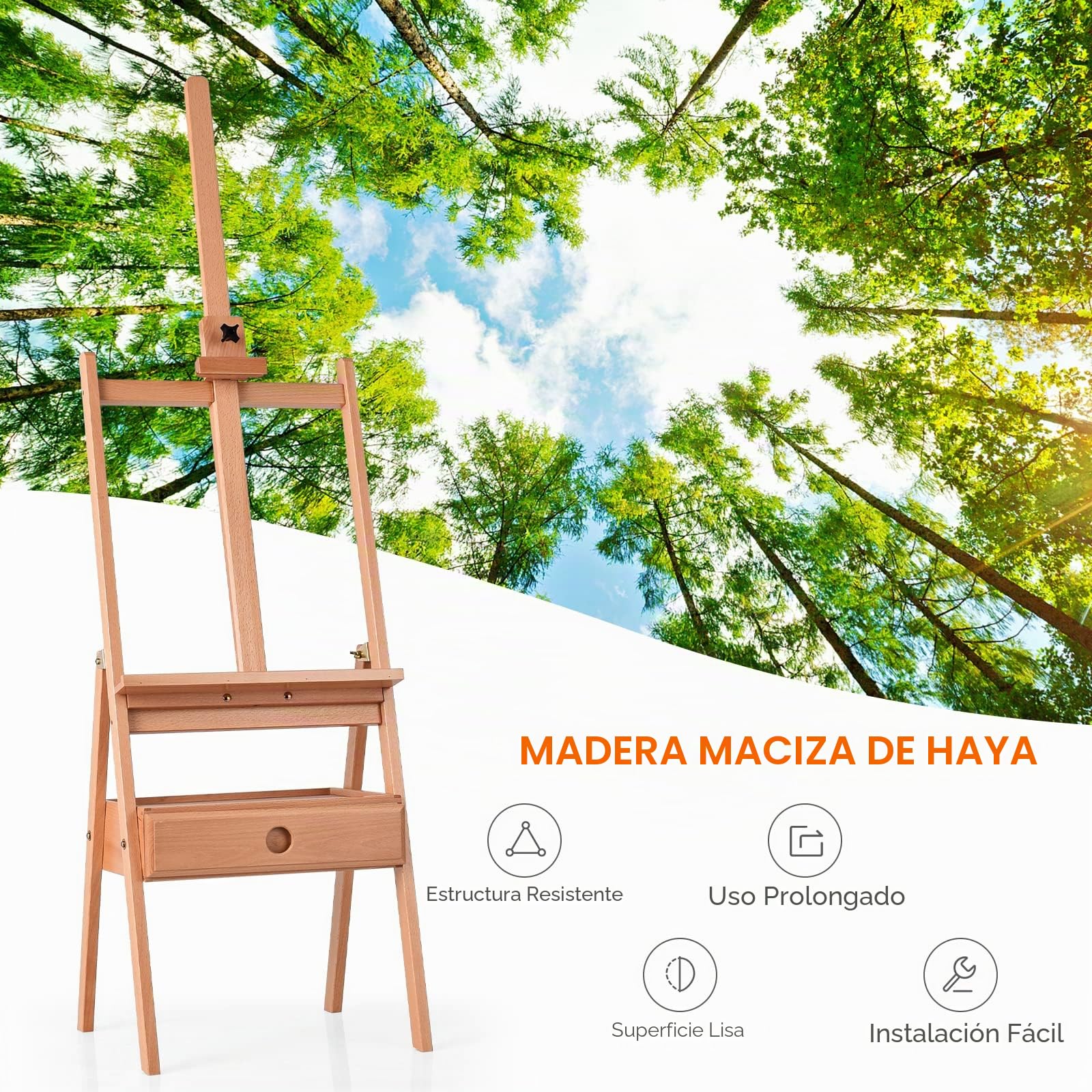 LIFEZEAL Caballete de dibujo, altura ajustable, caballete de madera de haya con cajón, caballete profesional de suelo independiente para aulas, hogar y campo, interior y exterior