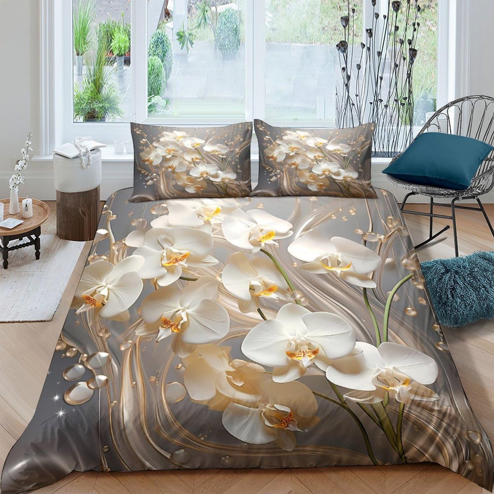 Ctjqhvkz Style-8 3D Printed Floral Orchid Fitted Sheet Microfiber Soft Touch Elegant Blossom Bed Cover For Bedroom Guest Room Decor Single（135X200cm）