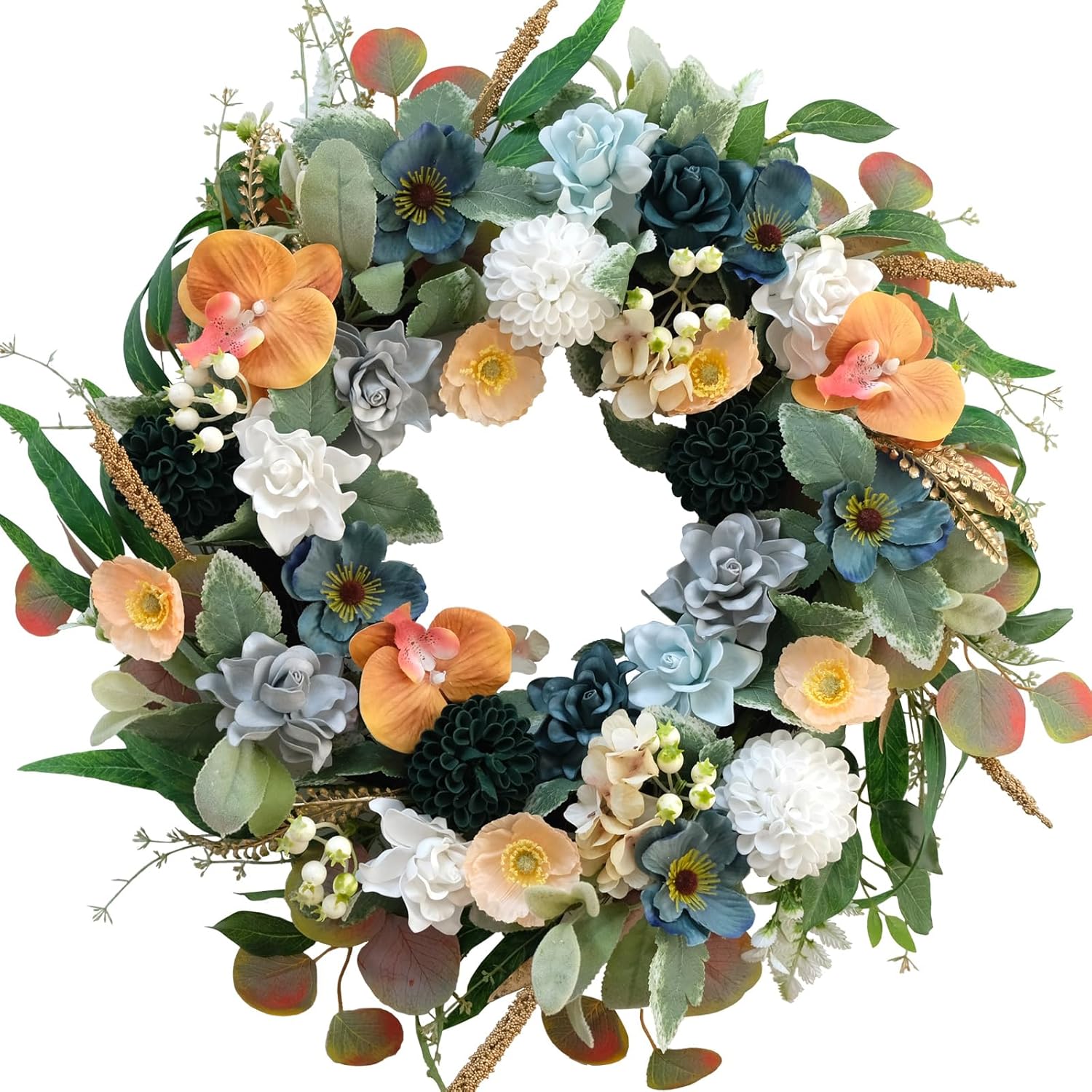 Bibelot 22 Inch Spring/Summer Floral Wreaths for Front Door,Artificial Valentines Day Wreath with Roses Dahlias Gardenias phalaenopsis for Home Wall Window Wedding Party Festival Decor