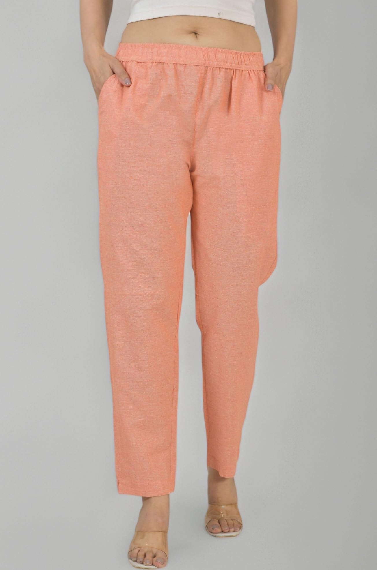 Women's Cotton Linen Pants, Regular Fit, Fully Elasticated, 2 Side Pockets