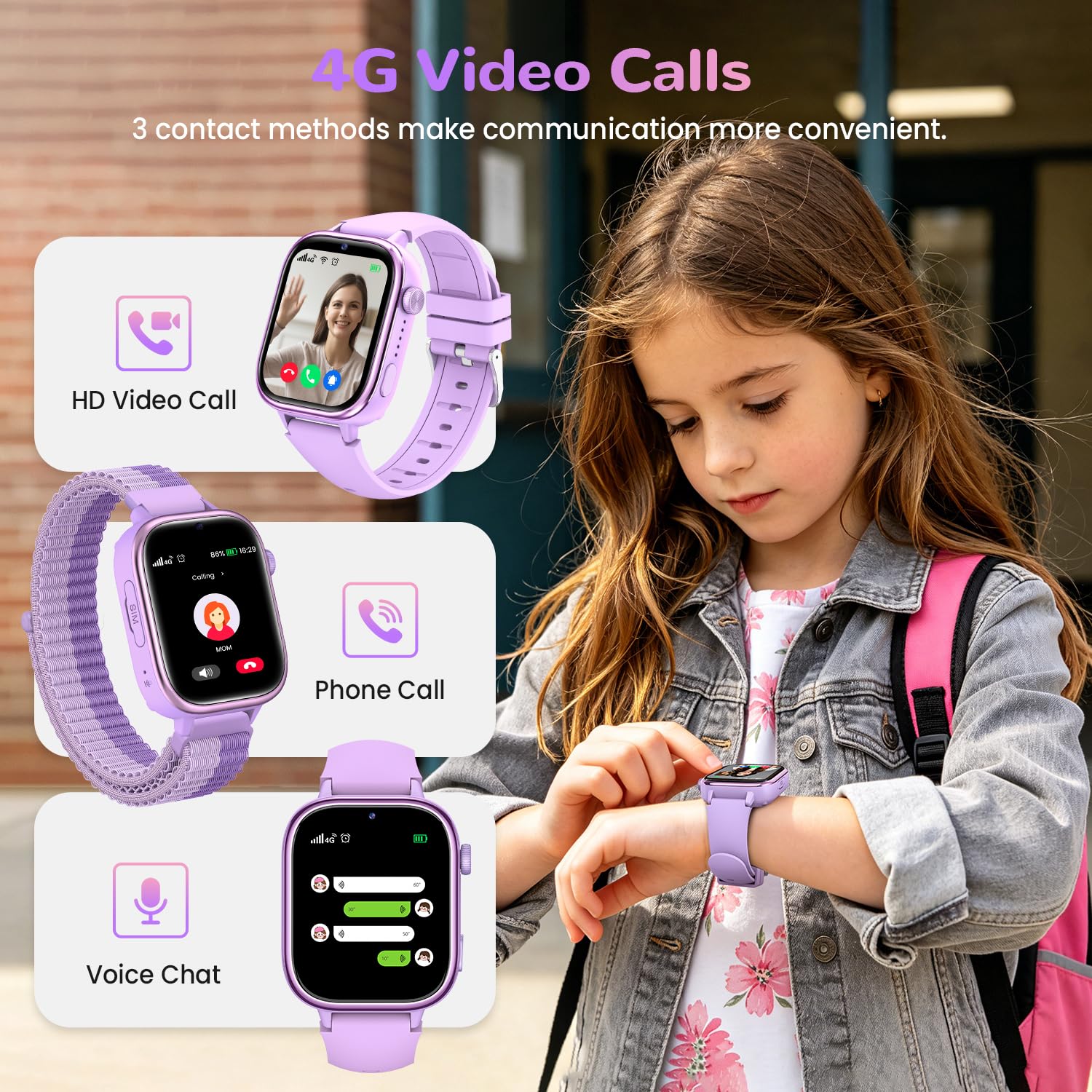 Reloj Inteligente Niño con Videollamada, 4G Smartwatch Niño con GPS y Llamadas, SOS, Chat de Voz, Modo Escuela, Podómetro, Despertador, Monitor de Sueño IP68 Impermeable Regalo para Niños Niñas Morado