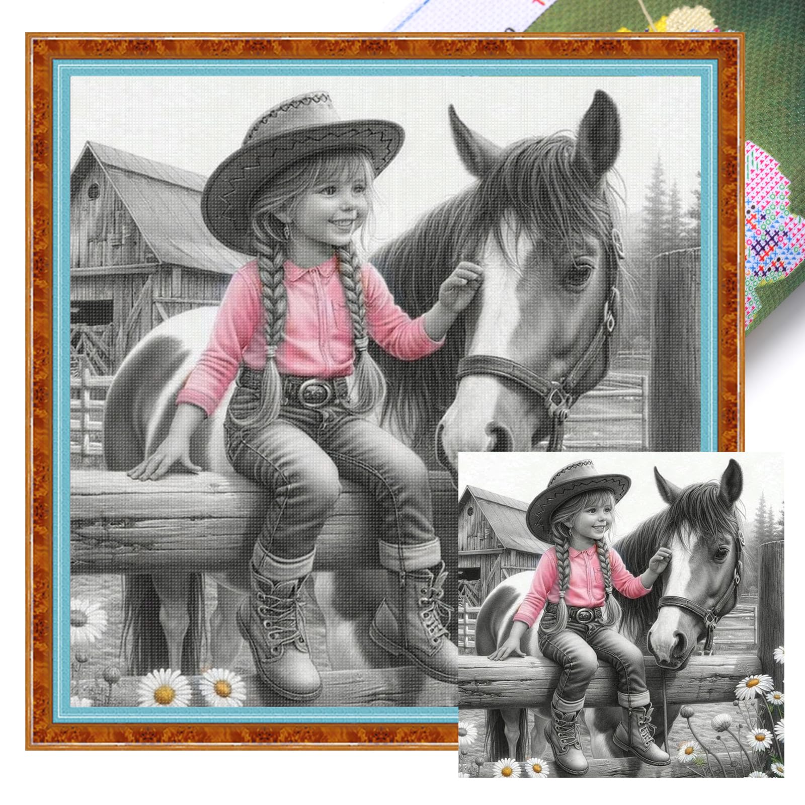 Poetrydraw Girls And Horse Full 11Ct 3 Strand Diy Stamped Cross Stitch Kits For Home 45X45cm ( And Horse)