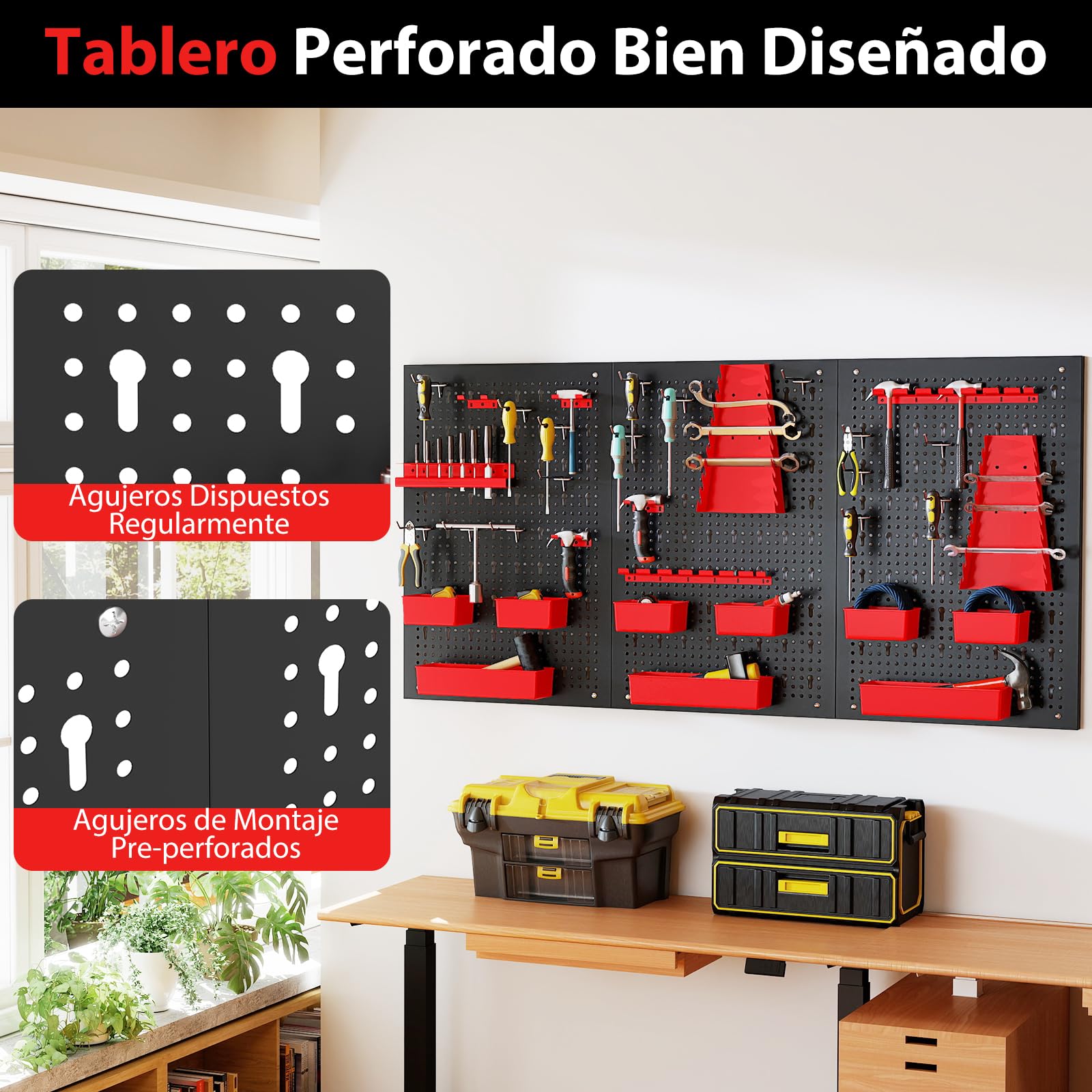 COSTWAY Organizador de Herramientas de Pared, Panel Perforado con 9 Contenedores PP, Soportes para Destornilladores y Brocas, 12 Ganchos, Almacén Resistente para Garaje, Taller (Negro y Rojo)