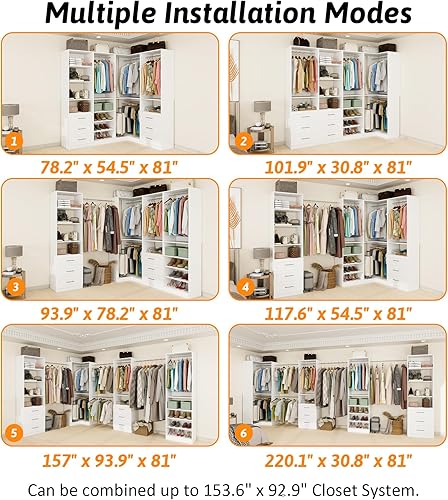 Miniatura 6 de Sistema de armario con 4 juegos, sistemas organizadores de armario de 101.9 pulgadas con 6 cajones y 8 varillas para colgar y estantes ajustables,