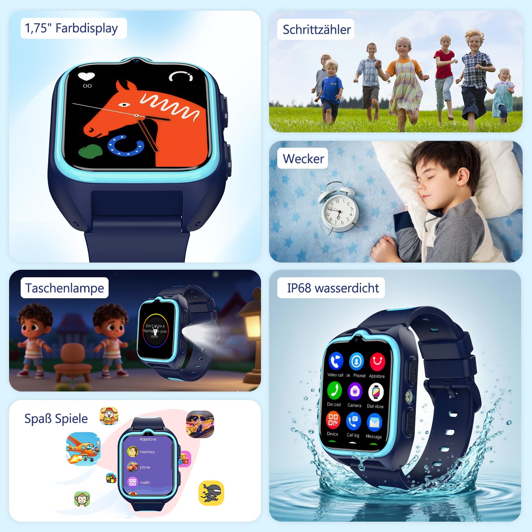 IOWODO Smartwatch Kinder mit GPS, 4G-Anruffunktion & SOS-Notruf, 800mAh Akku, Wasserdicht IP67, Schulmodus